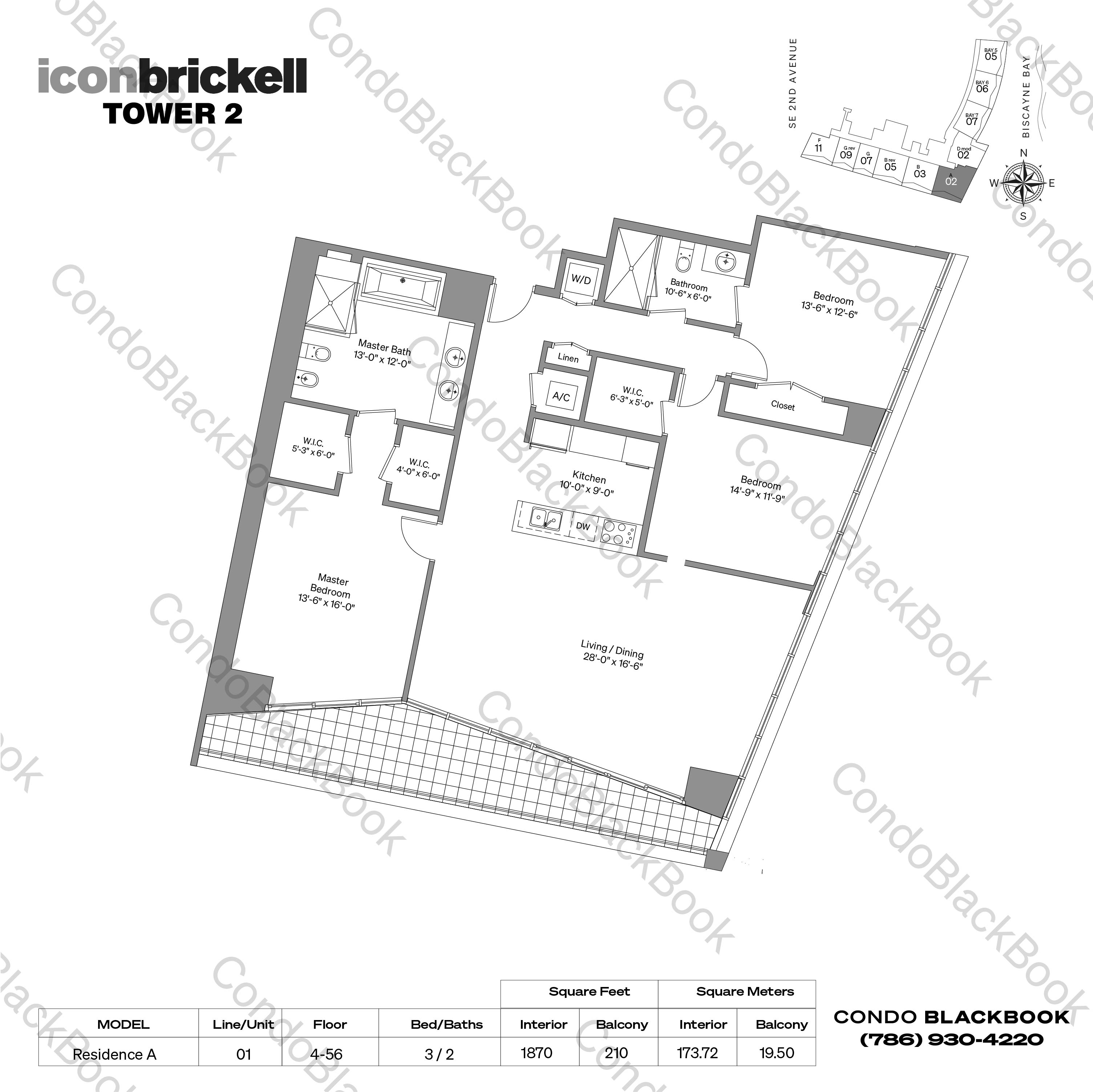 Floor plan for Icon Brickell II Brickell Miami, model Residence A, line 01, 3 / 2 bedrooms, 1870 sq ft