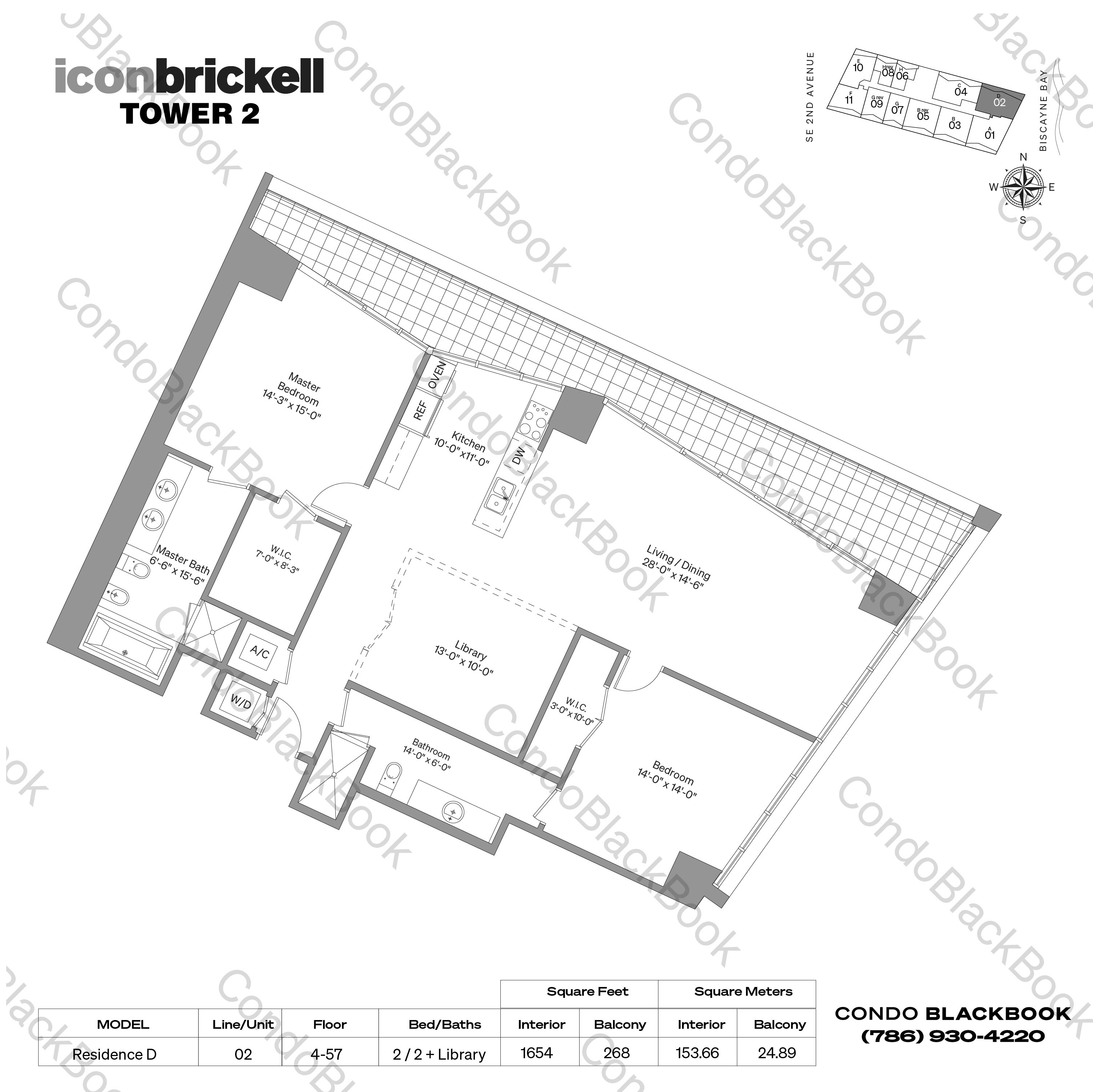 Floor plan for Icon Brickell II Brickell Miami, model Residence D, line 02, 2 / 2 + Library bedrooms, 1654 sq ft