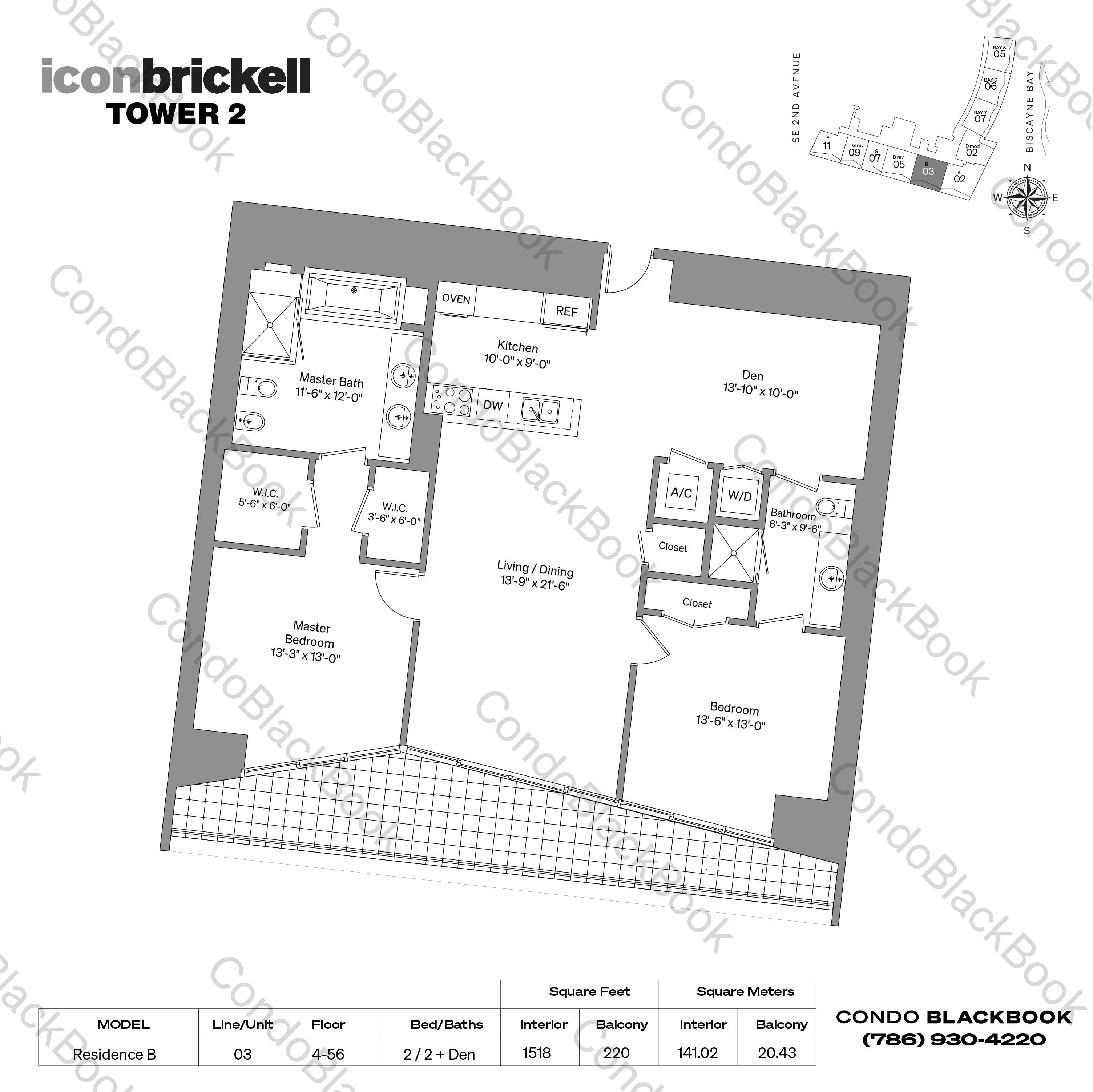Floor plan for Icon Brickell II Brickell Miami, model Residence B, line 03, 2 / 2 + Den bedrooms, 1518 sq ft