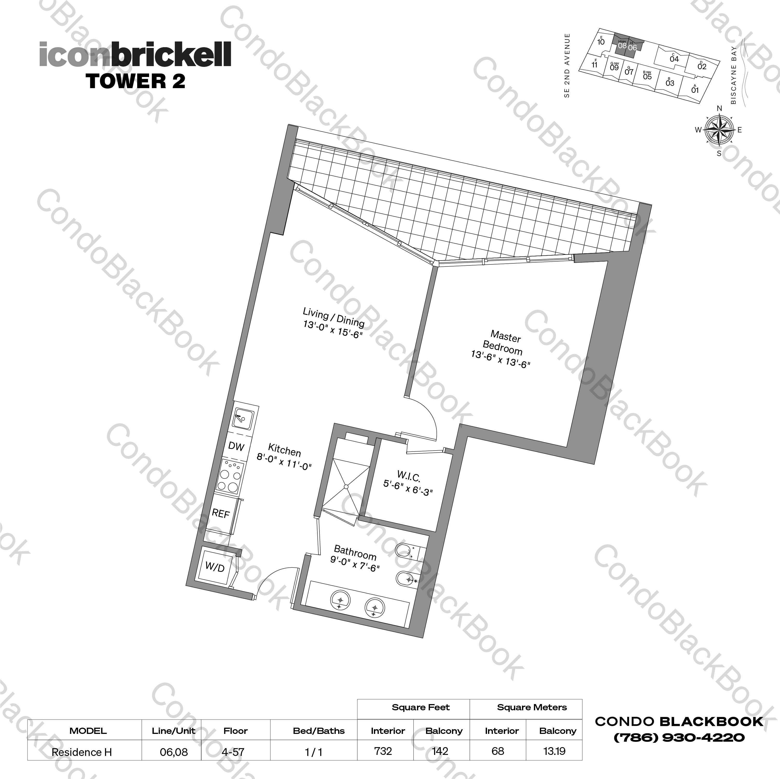 Floor plan for Icon Brickell II Brickell Miami, model Residence H, line 06,08, 1 / 1 bedrooms, 732 sq ft