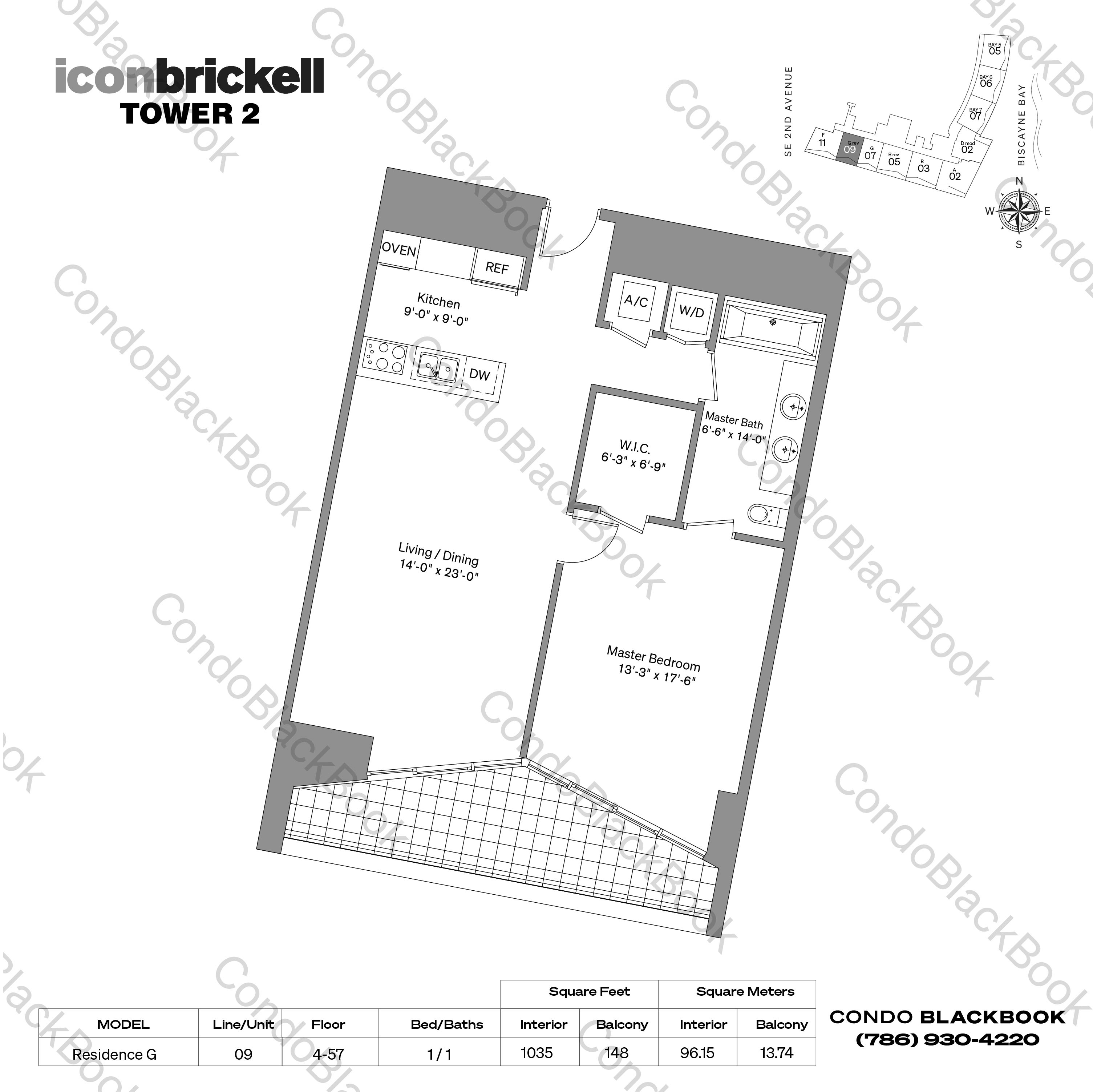Floor plan for Icon Brickell II Brickell Miami, model Residence G, line 09, 1 / 1 bedrooms, 1035 sq ft