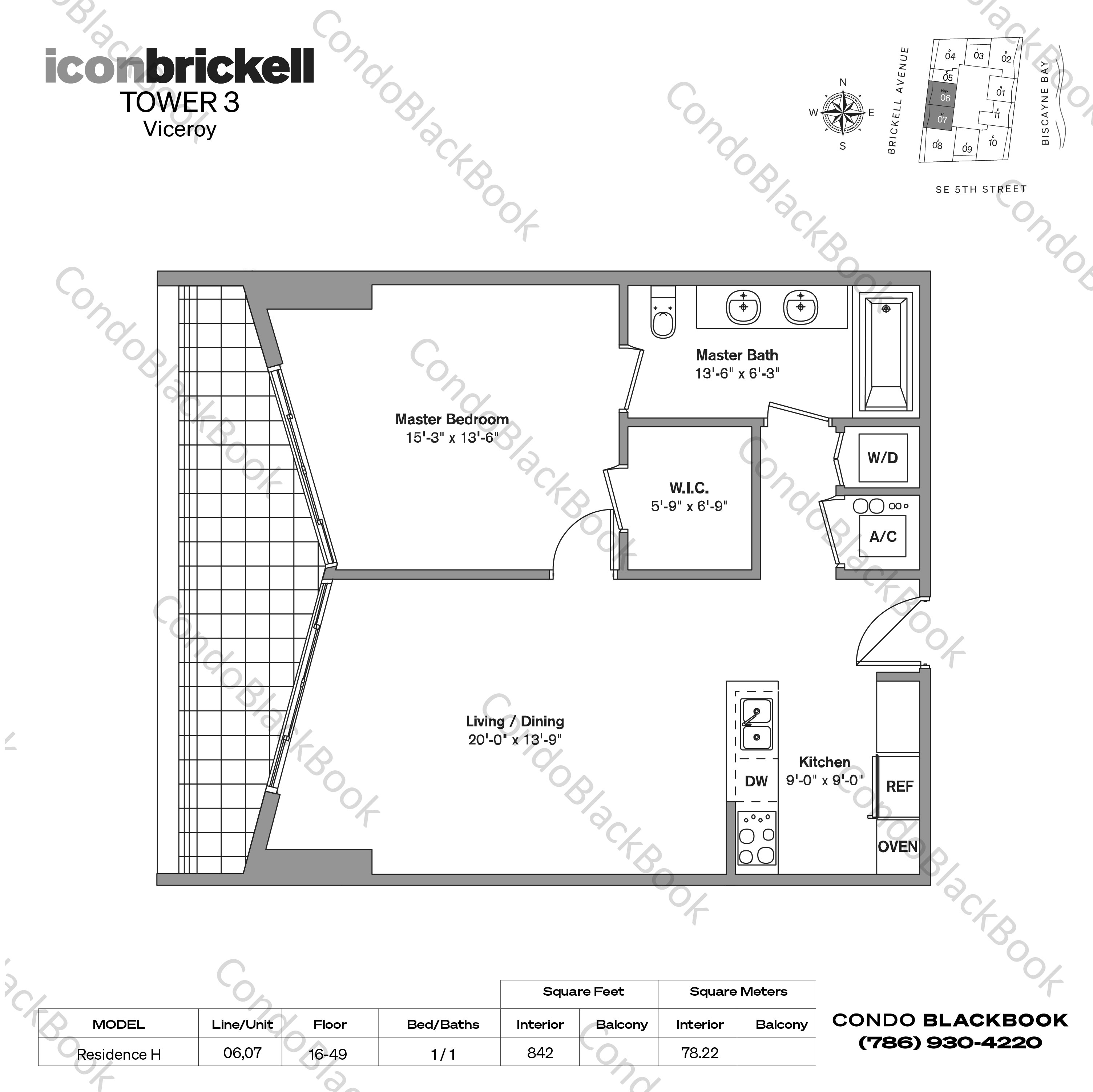 Floor plan for Icon Brickell III (W Miami) Brickell Miami, model Residence H, line 06,07, 1 / 1 bedrooms, 842 sq ft