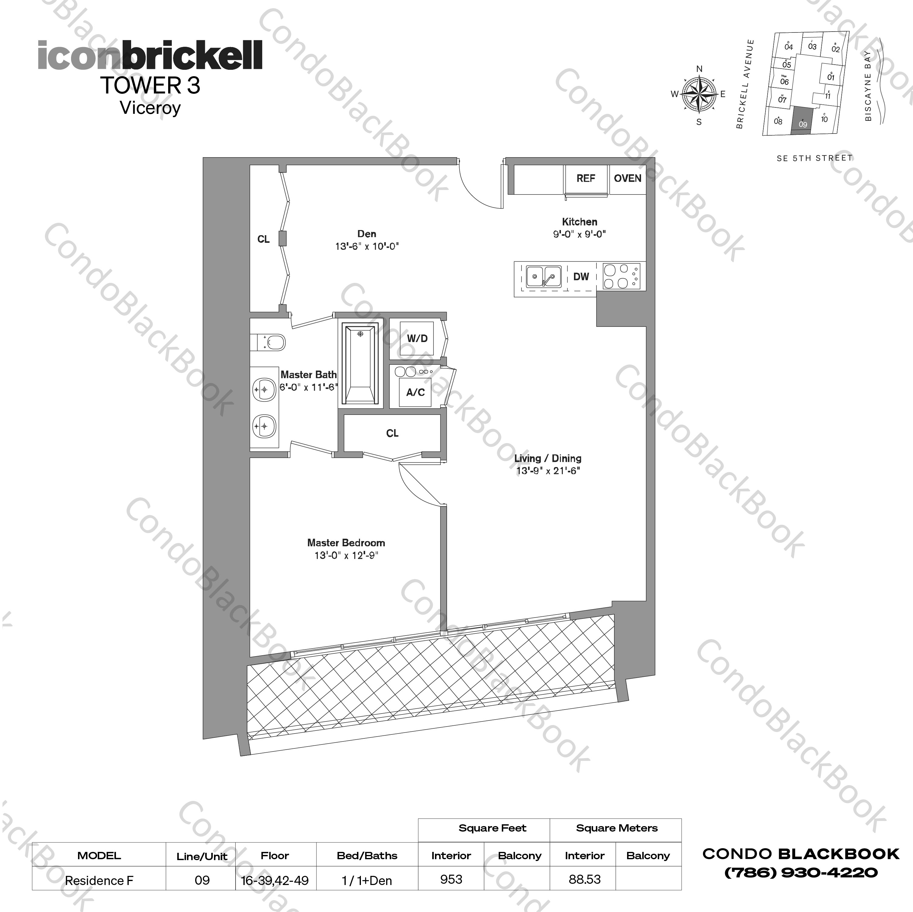 Floor plan for Icon Brickell III (W Miami) Brickell Miami, model Residence F, line 09, 1 / 1+Den bedrooms, 953 sq ft