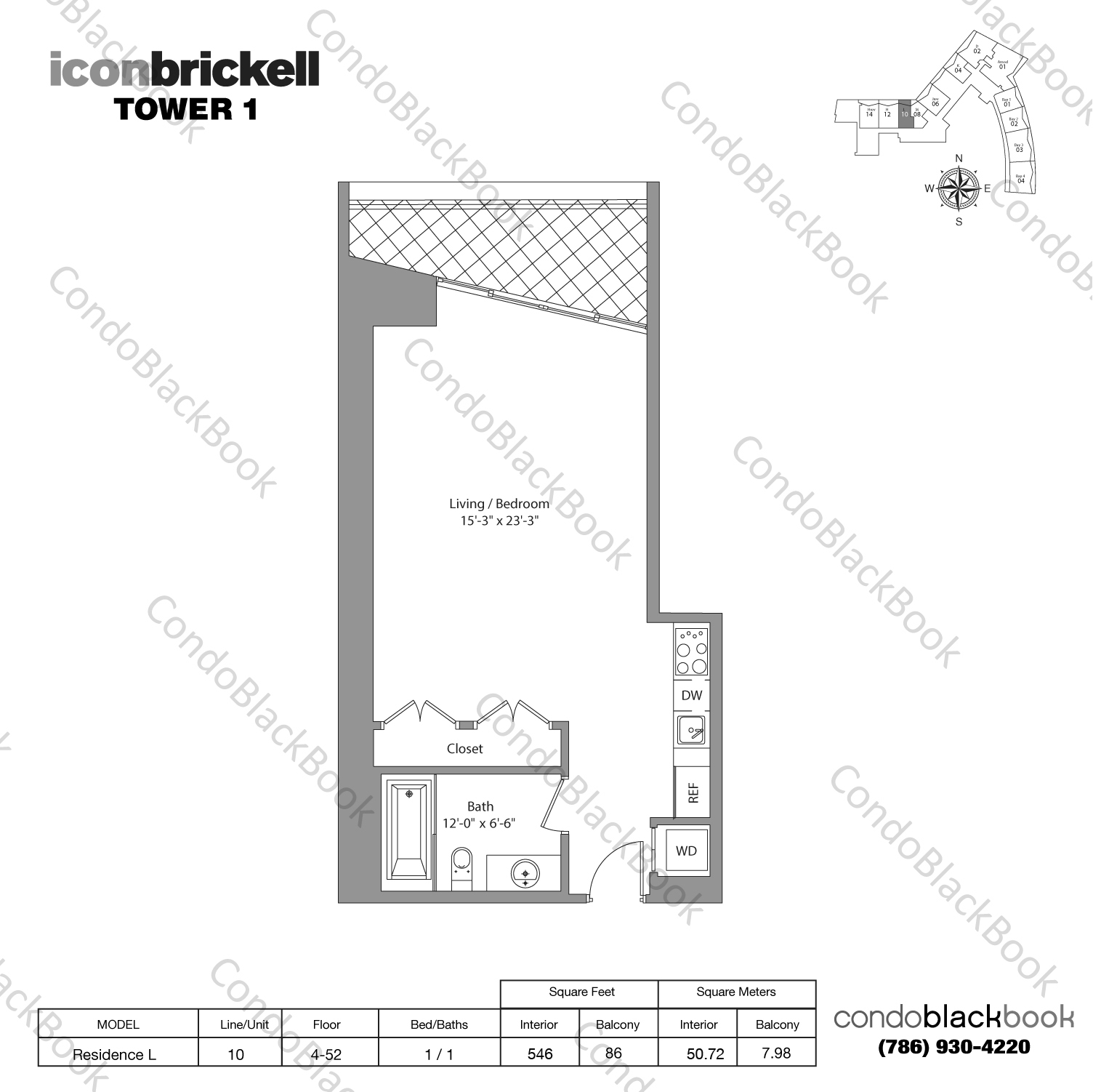 Floor plan for Icon Brickell I Brickell Miami, model Residence L, line 10, 1 / 1 bedrooms, 546 sq ft