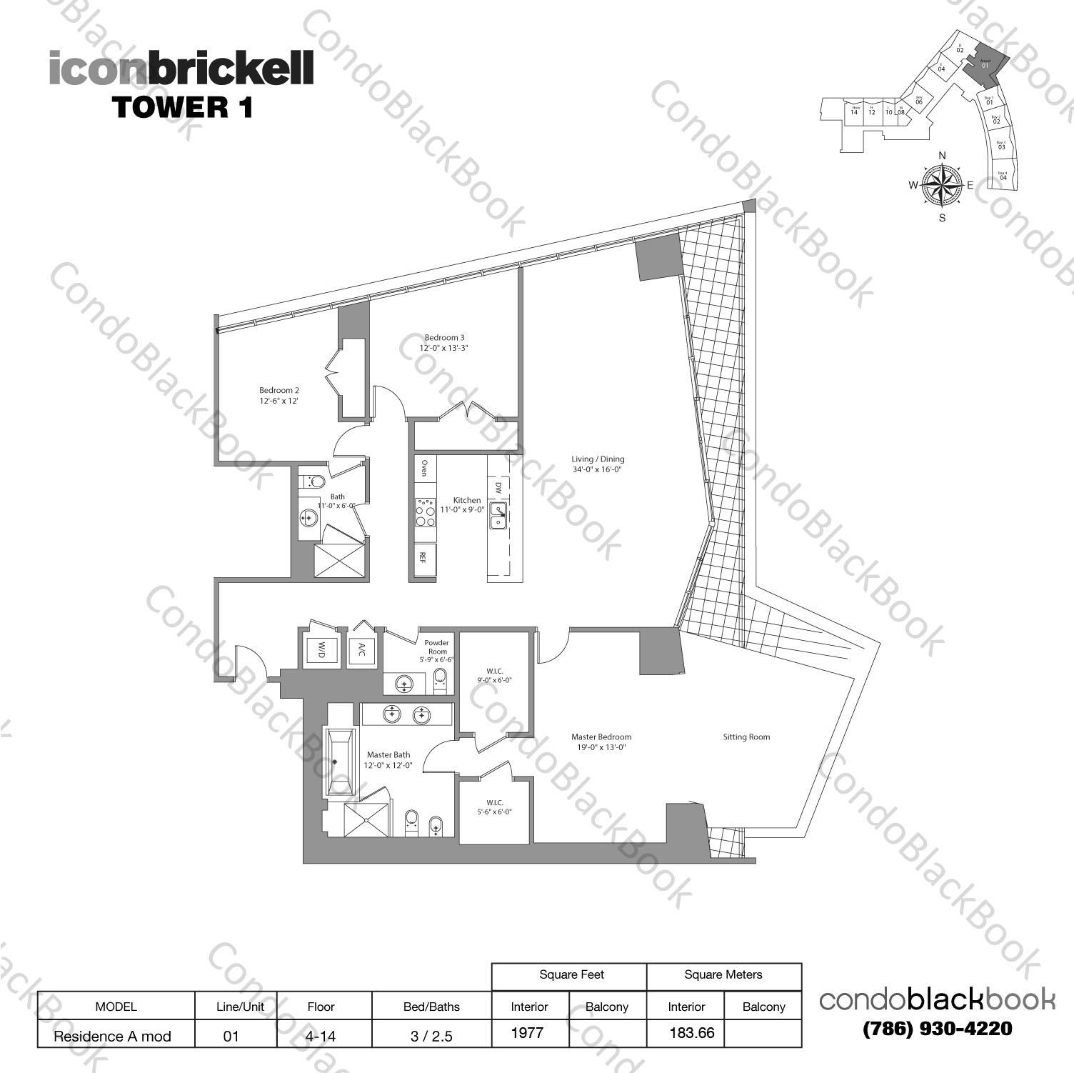 Floor plan for Icon Brickell I Brickell Miami, model Residence A mod, line 01, 3 / 2.5 bedrooms, 1977 sq ft