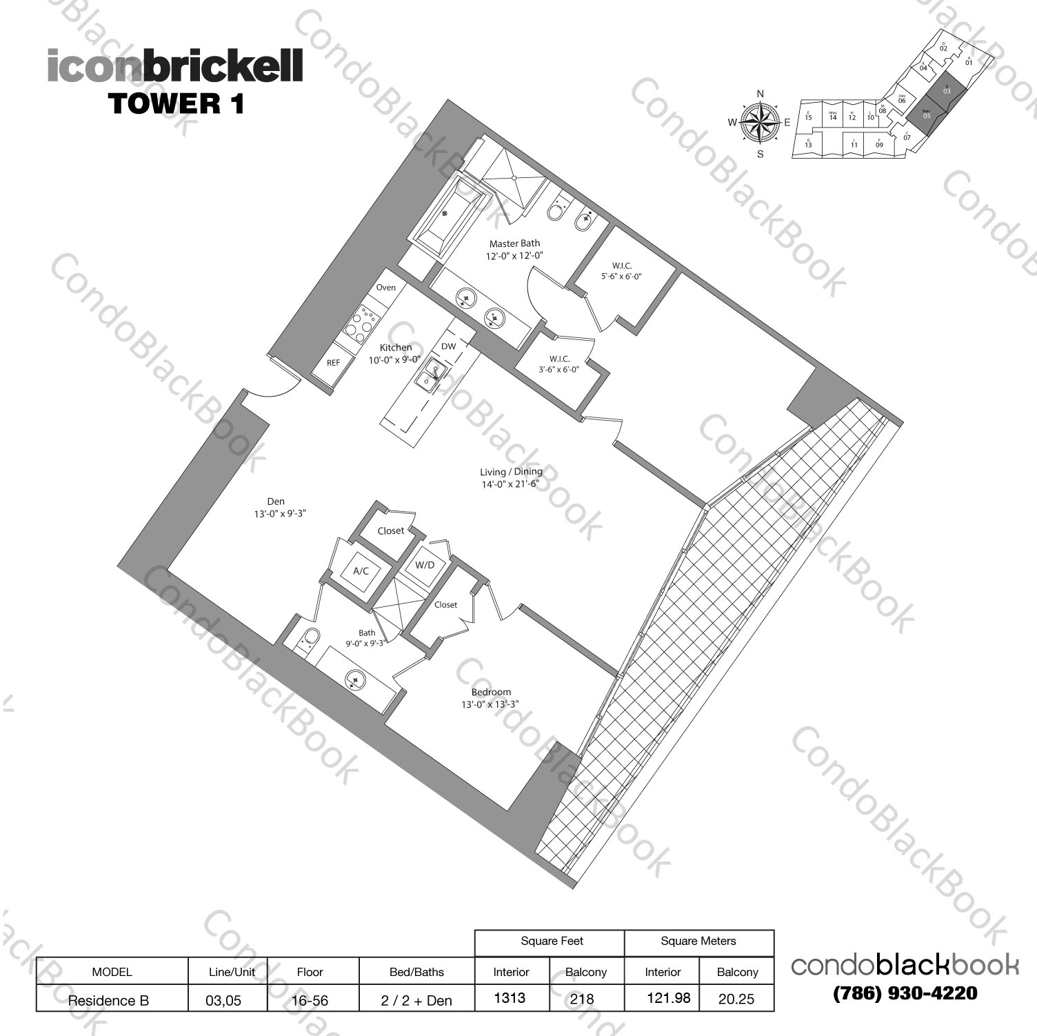 Floor plan for Icon Brickell I Brickell Miami, model Residence B, line 03,05, 2 / 2 + Den bedrooms, 1313 sq ft