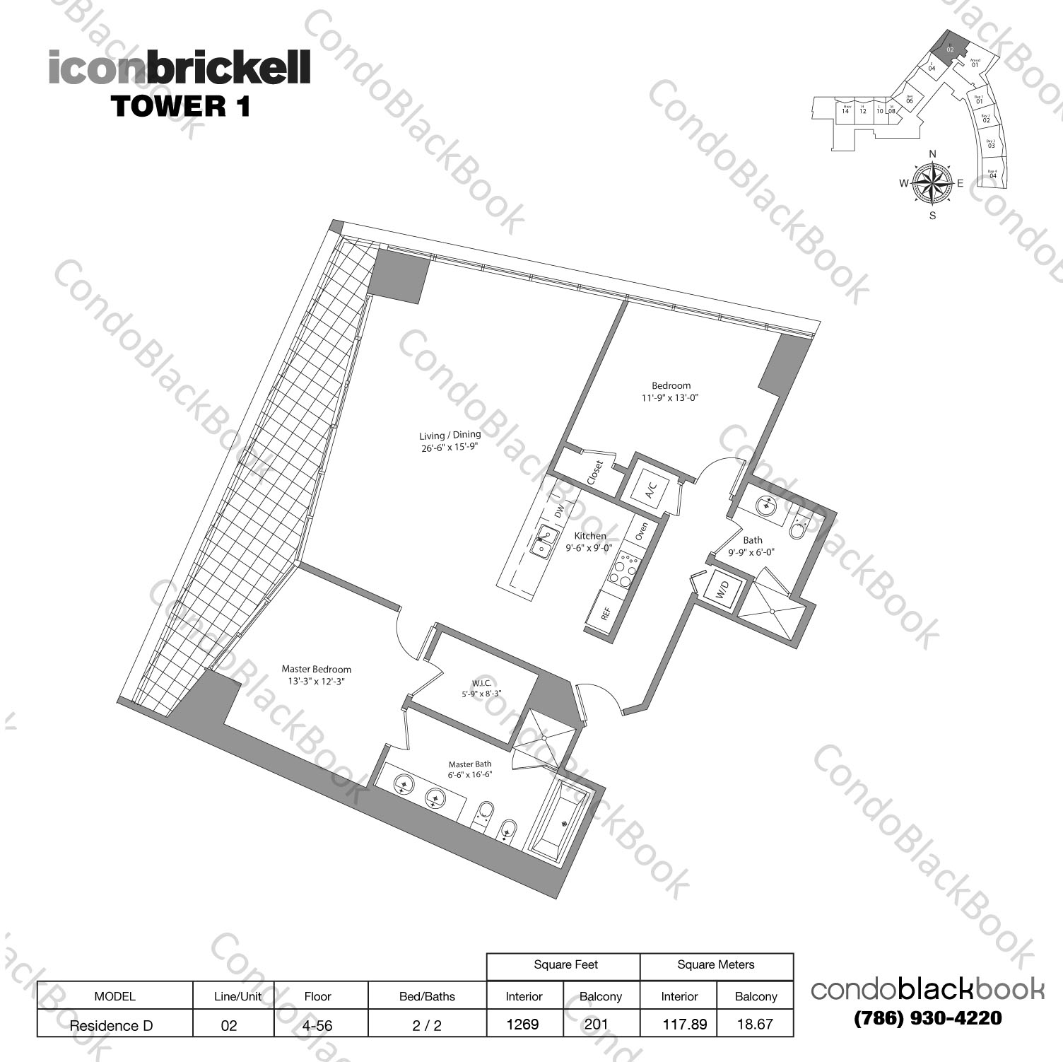 Floor plan for Icon Brickell I Brickell Miami, model Residence D, line 02, 2 / 2 bedrooms, 1269 sq ft