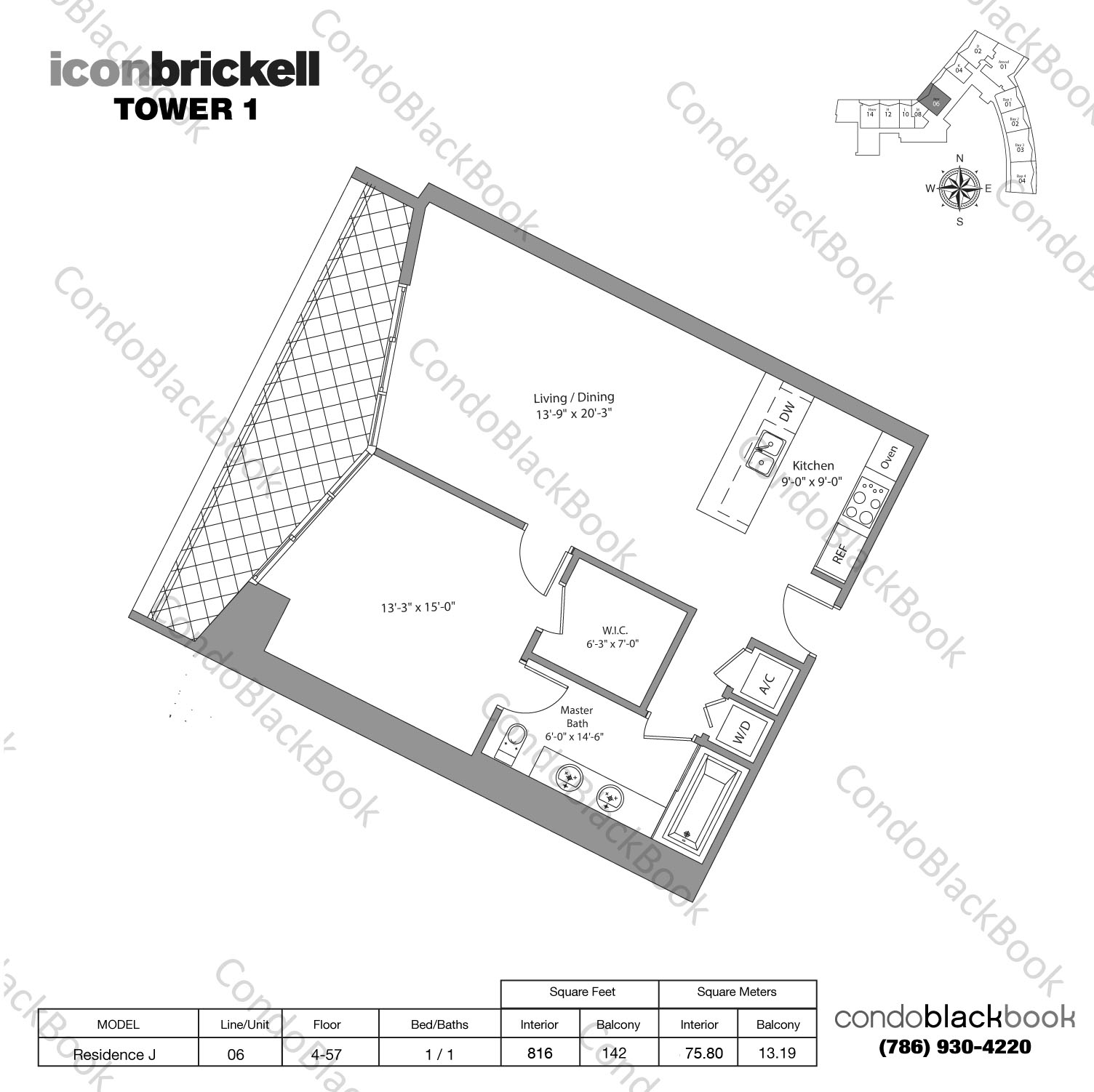 Floor plan for Icon Brickell I Brickell Miami, model Residence J, line 06, 1 / 1 bedrooms, 816 sq ft
