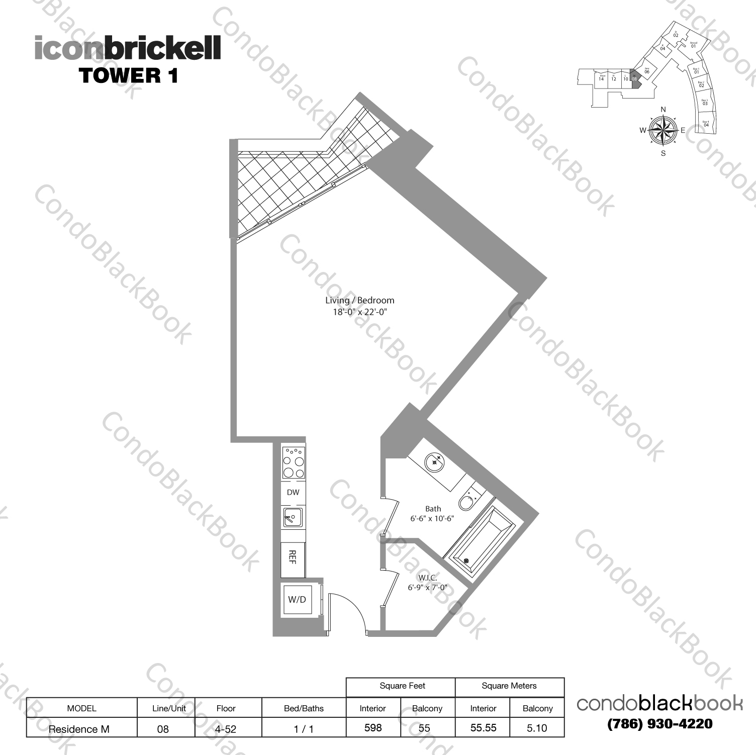Floor plan for Icon Brickell I Brickell Miami, model Residence M, line 08, 1 / 1 bedrooms, 598 sq ft