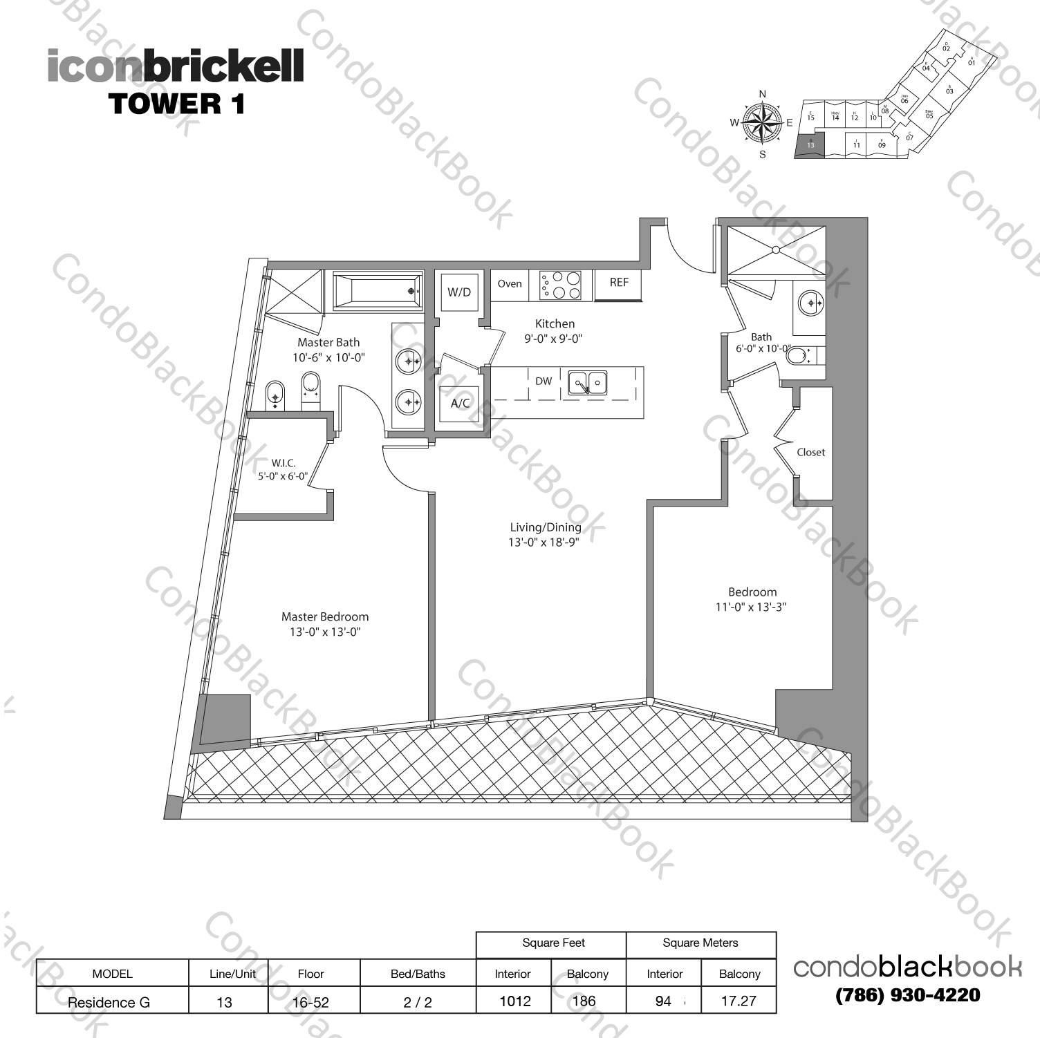 Floor plan for Icon Brickell I Brickell Miami, model Residence G, line 13, 2 / 2 bedrooms, 1012 sq ft