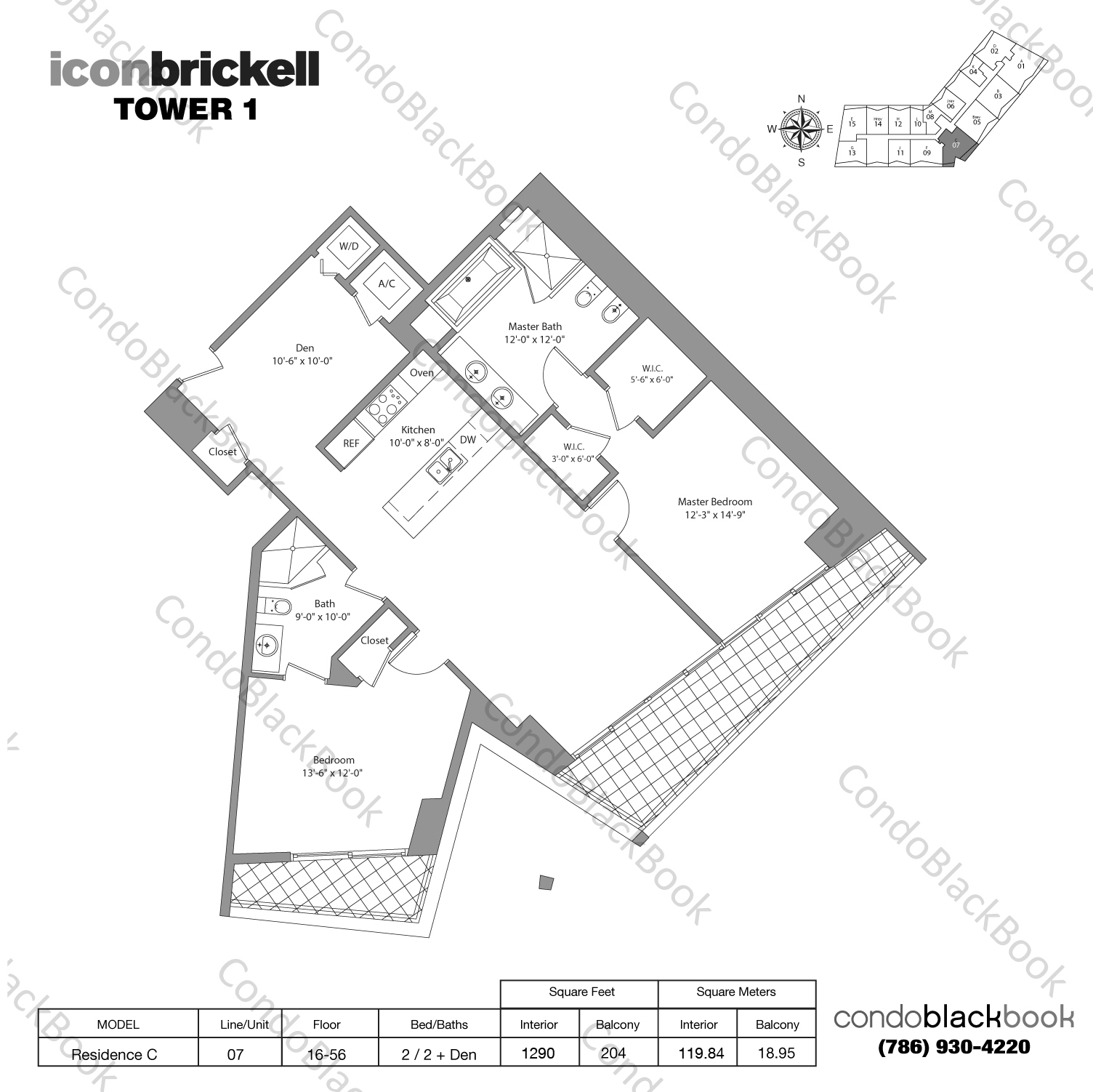 Floor plan for Icon Brickell I Brickell Miami, model Residence C, line 07, 2 / 2 + Den bedrooms, 1290 sq ft