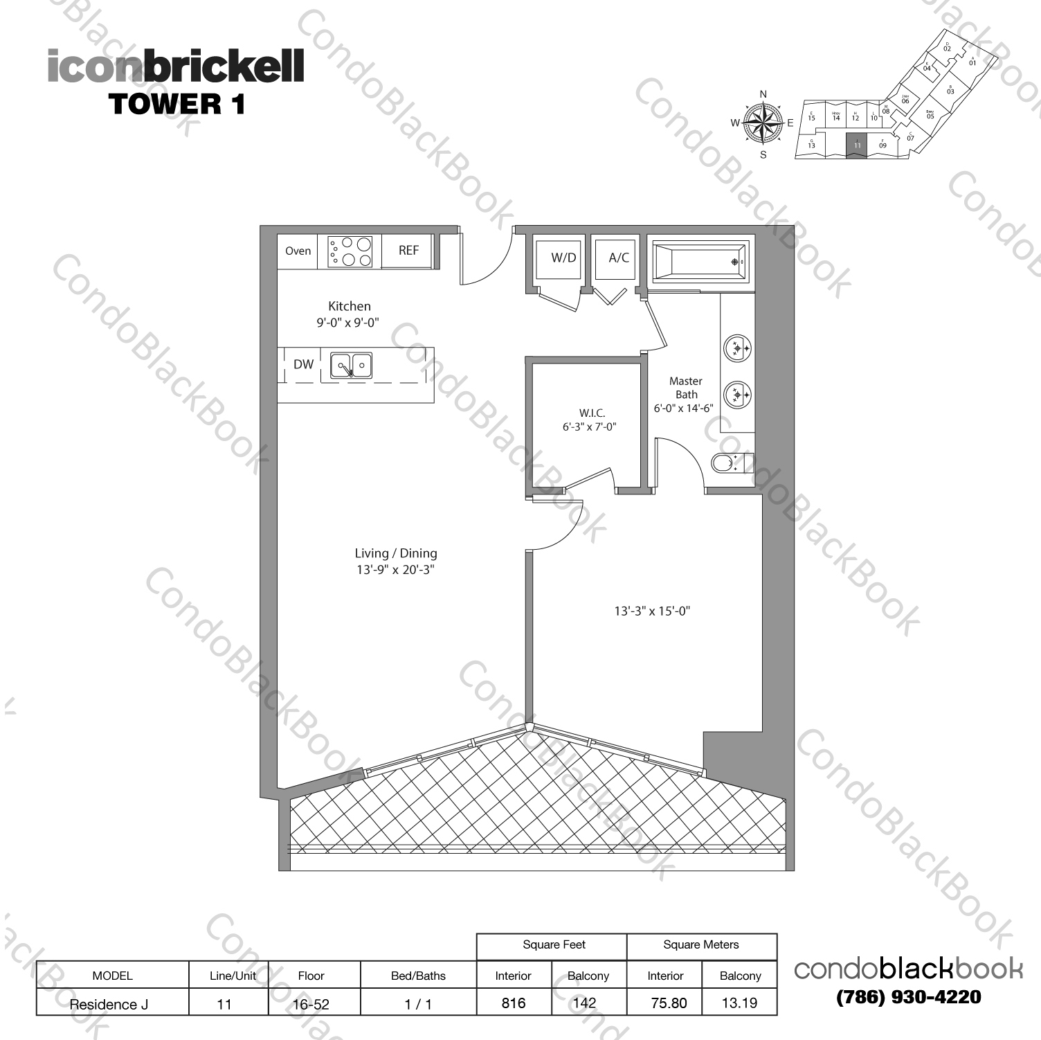 Floor plan for Icon Brickell I Brickell Miami, model Residence J, line 11, 1 / 1 bedrooms, 816 sq ft