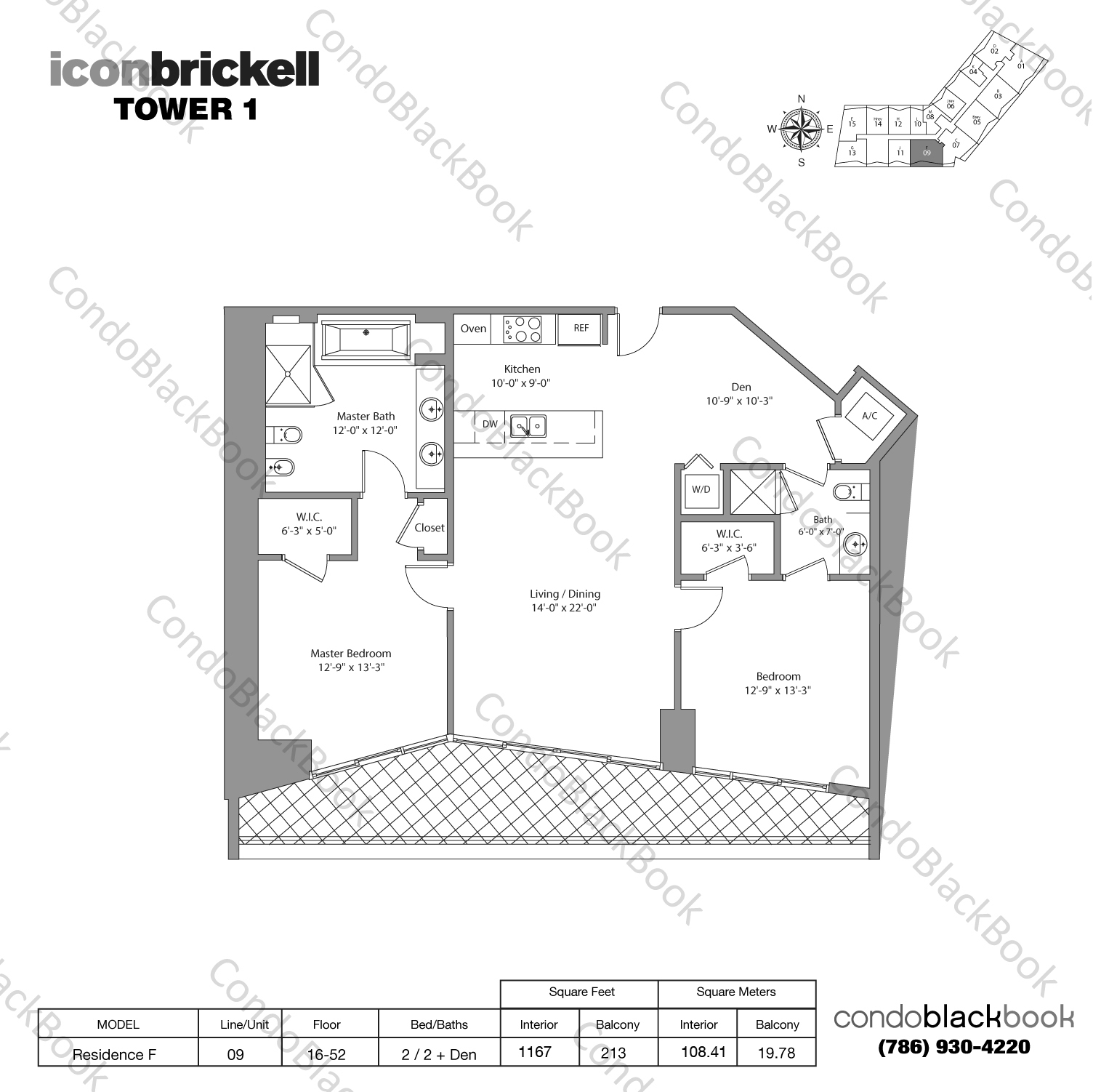 Floor plan for Icon Brickell I Brickell Miami, model Residence F, line 09, 2 / 2 bedrooms, 1167 sq ft