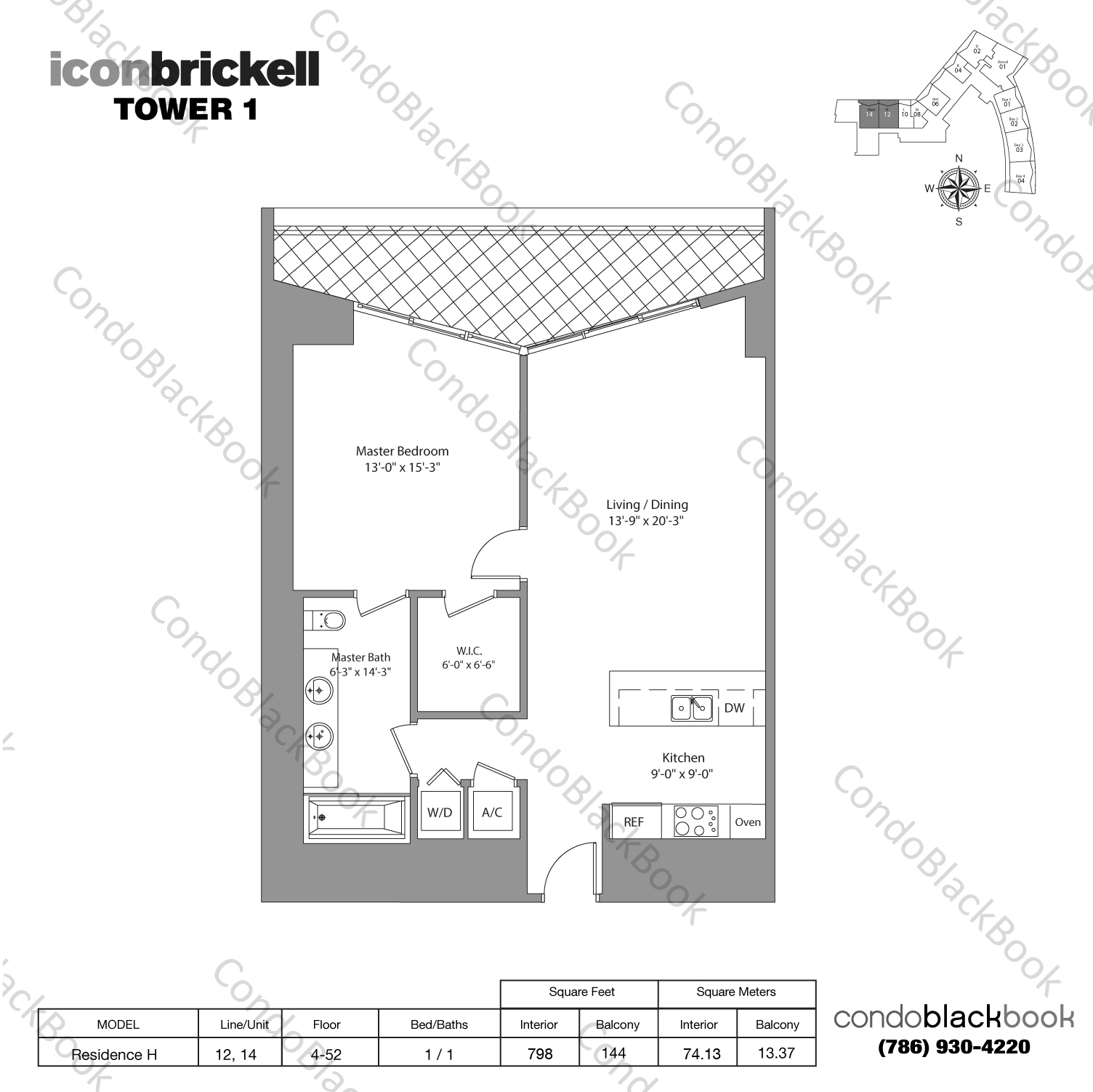 Floor plan for Icon Brickell I Brickell Miami, model Residence H, line 12,14, 1 / 1 bedrooms, 798 sq ft
