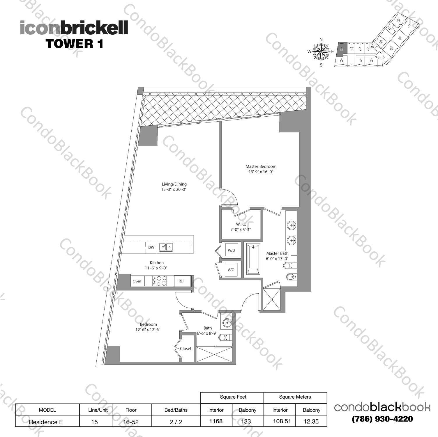 Floor plan for Icon Brickell I Brickell Miami, model Residence E, line 15, 2 / 2 bedrooms, 1168 sq ft