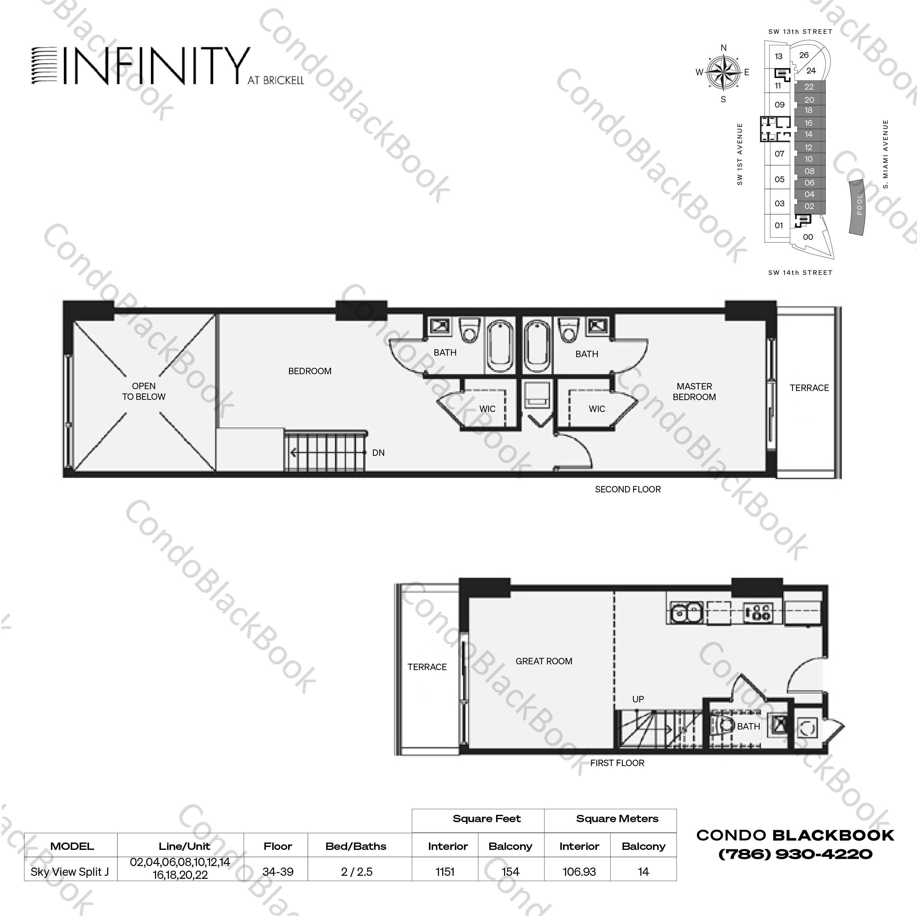 Floor plan for Infinity at Brickell Brickell Miami, model Sky View Split J, line 02,04,06,08,10,12,14,16,18,20,22, 2 / 2.5 bedrooms, 1151 sq ft