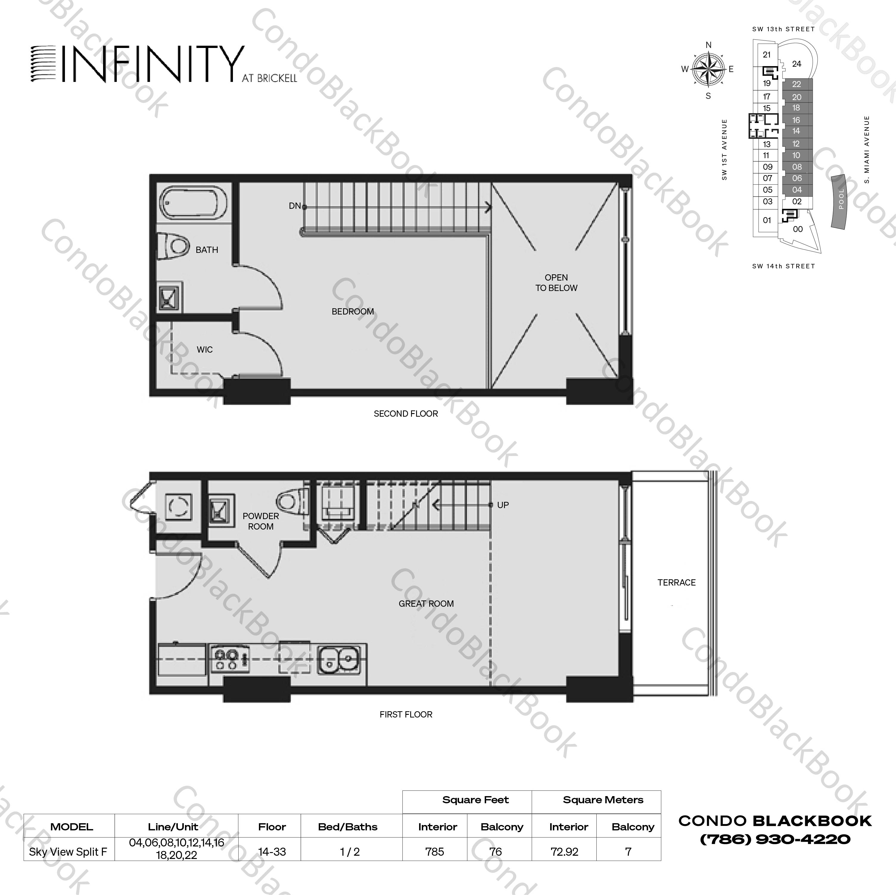 Floor plan for Infinity at Brickell Brickell Miami, model Sky View Split F, line 04,06,08,10,12,14,16,18,20,22, 1 / 2 bedrooms, 785 sq ft