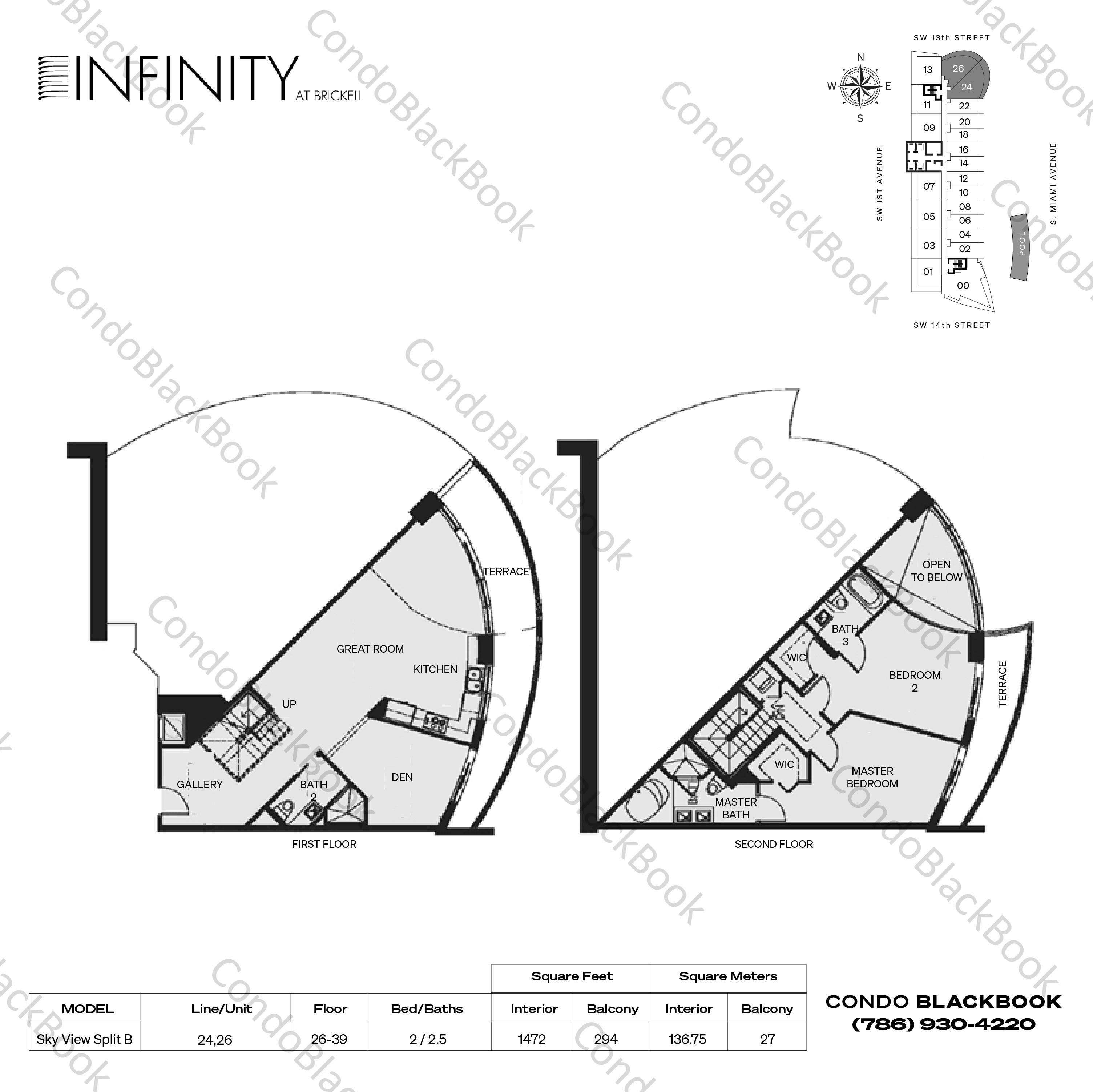 Floor plan for Infinity at Brickell Brickell Miami, model Sky View Split B, line 24,26, 2 / 2.5 bedrooms, 1472 sq ft