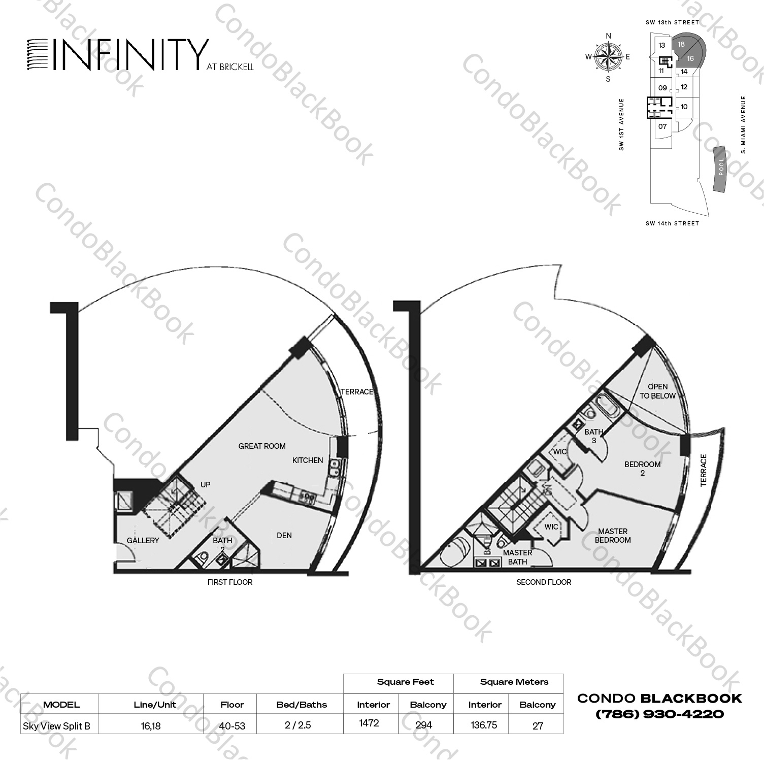 Floor plan for Infinity at Brickell Brickell Miami, model Sky View Split B, line 16,18, 2 / 2.5 bedrooms, 1472 sq ft