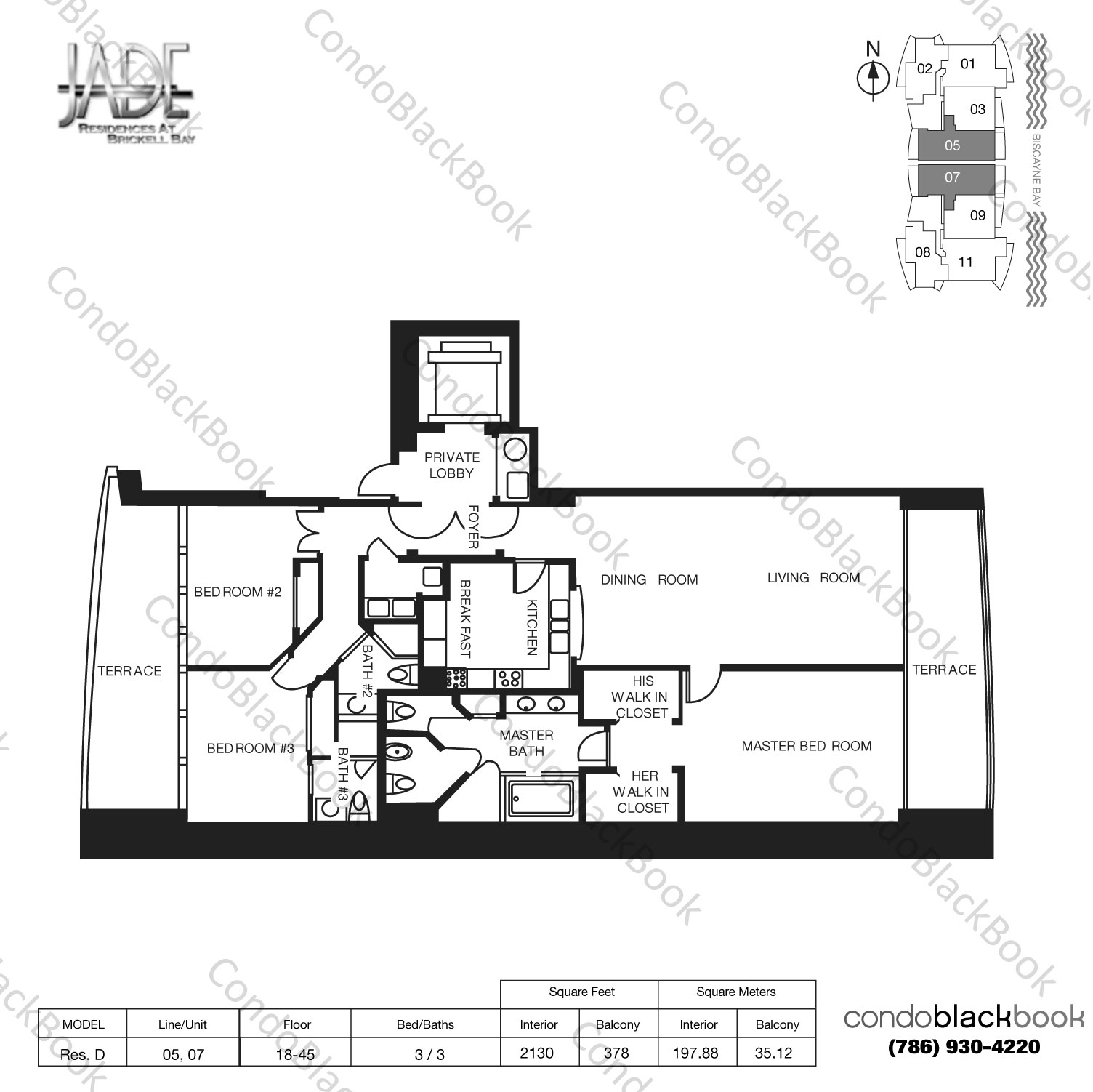 Floor plan for Jade Brickell Brickell Miami, model Model D, line 05,07, 3 / 3 bedrooms, 2130 sq ft