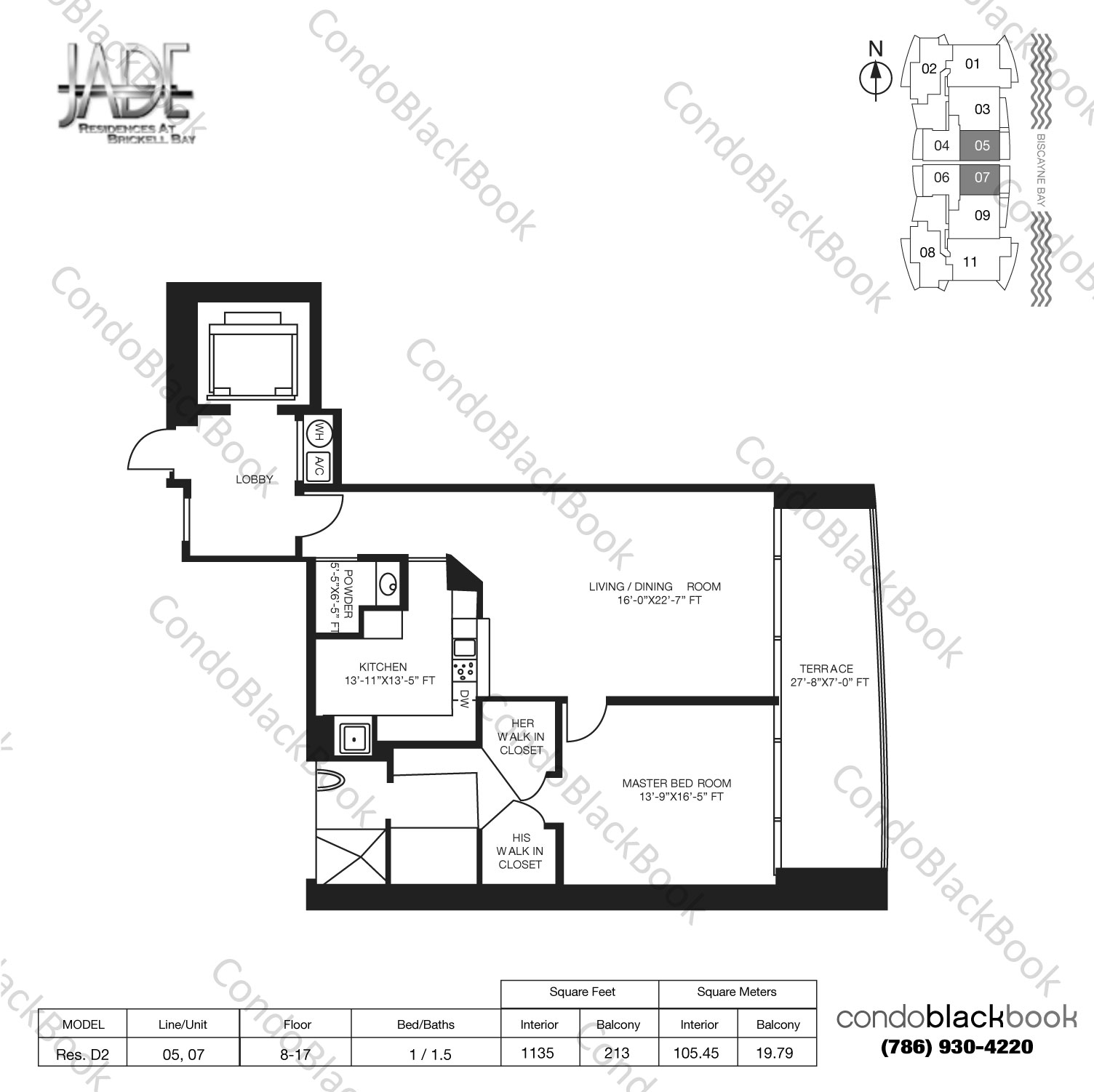 Floor plan for Jade Brickell Brickell Miami, model Model D2, line 05,07, 1 / 1.5 bedrooms, 1135 sq ft