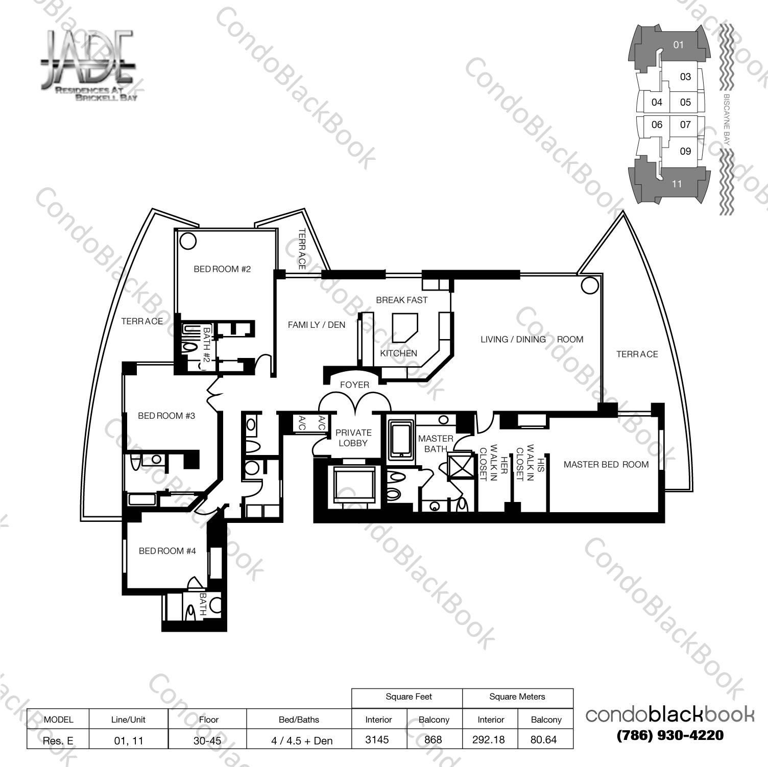 Floor plan for Jade Brickell Brickell Miami, model Model E, line 01,11, 4 / 4.5 + Den bedrooms, 3415 sq ft