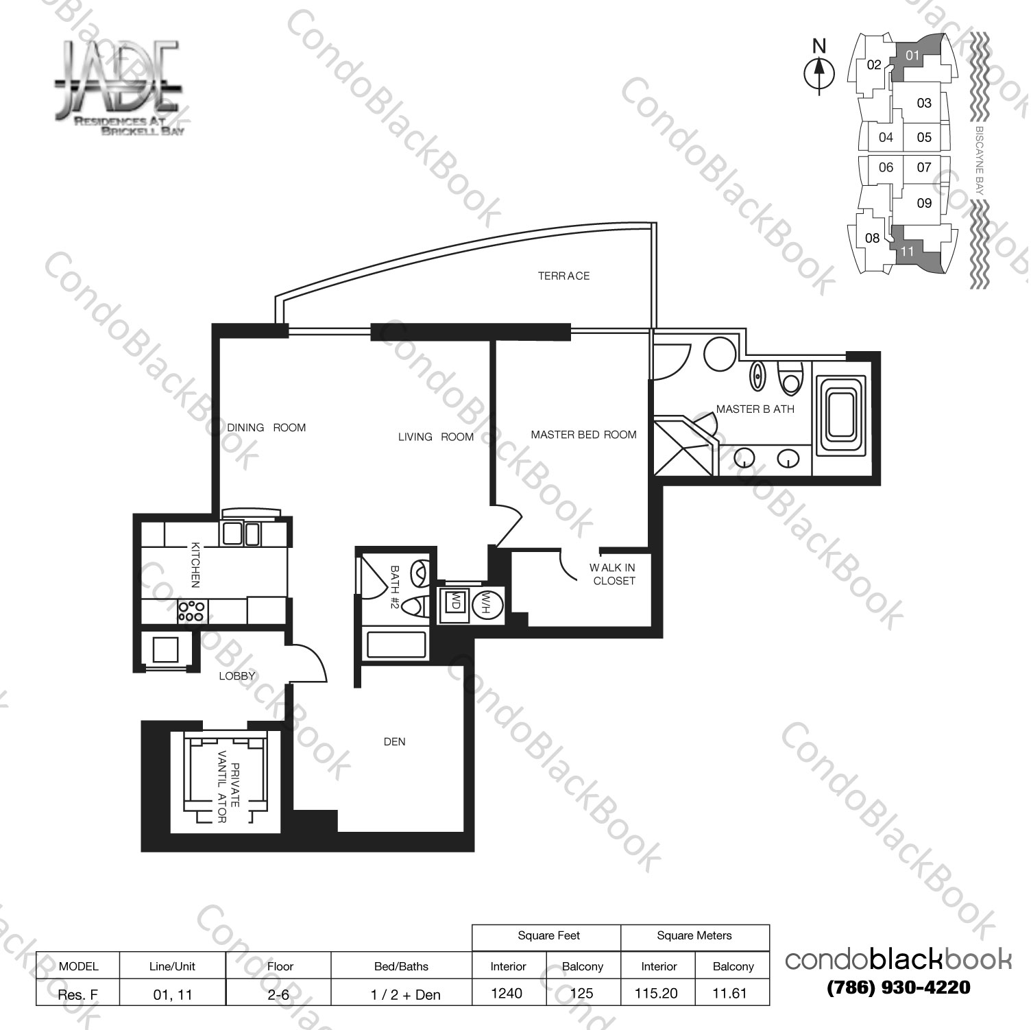 Floor plan for Jade Brickell Brickell Miami, model Model F, line 01,11, 1 / 1.5 + Den bedrooms, 1240 sq ft