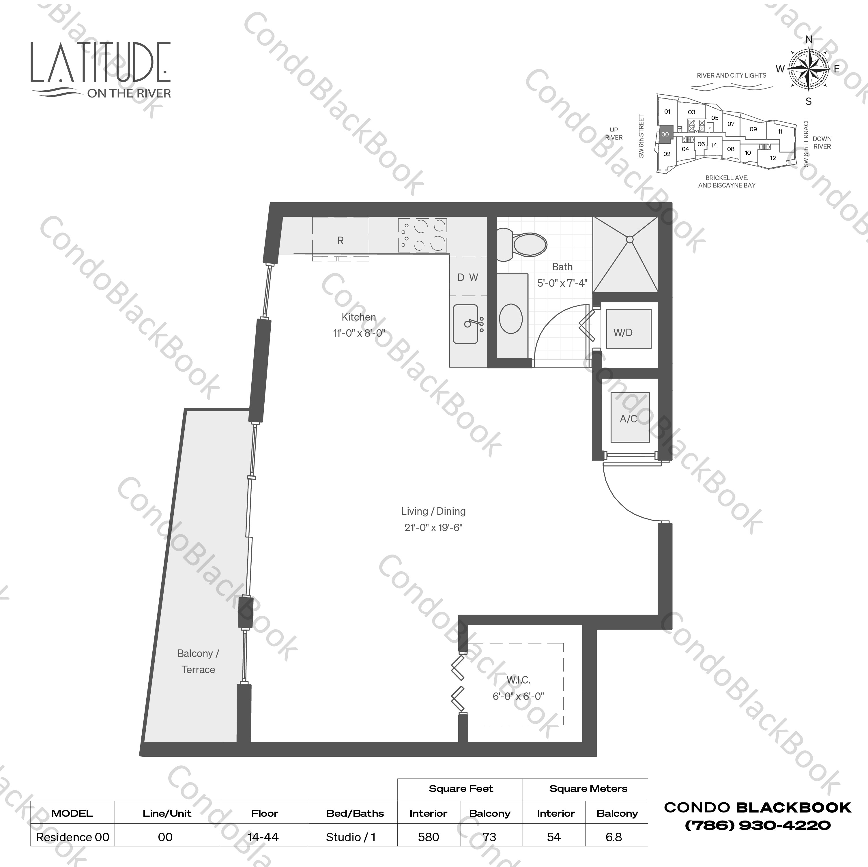 Floor plan for Latitude Brickell Miami, model Residence 00, line 00, Studio / 1 bedrooms, 580 sq ft