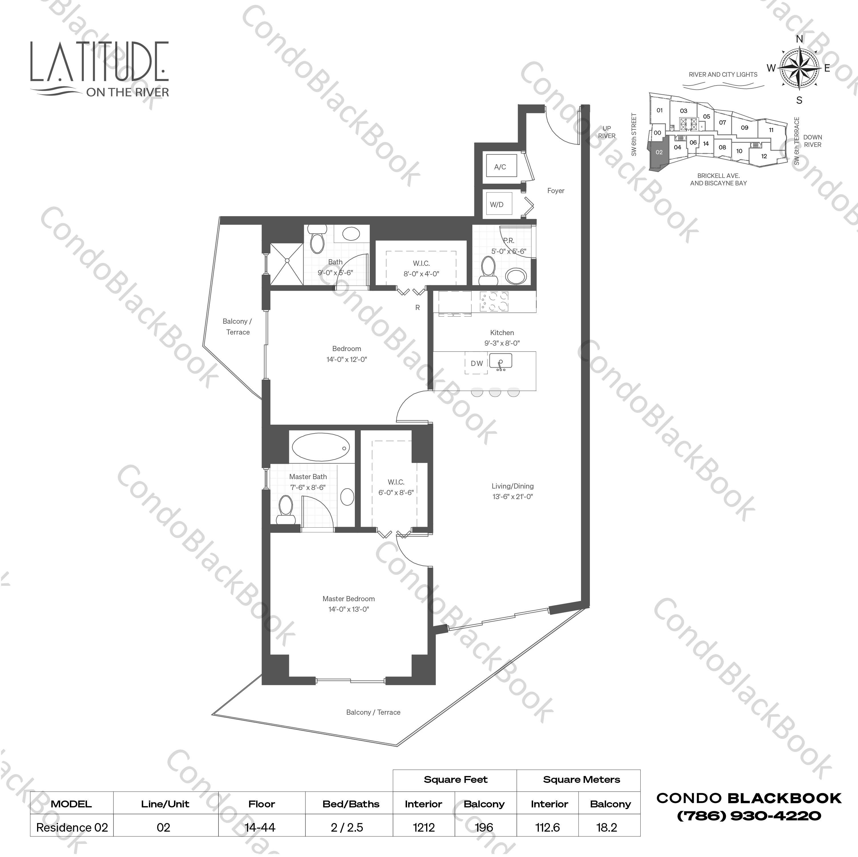 Floor plan for Latitude Brickell Miami, model Residence 01, line 01, 2 / 2.5 bedrooms, 1310 sq ft