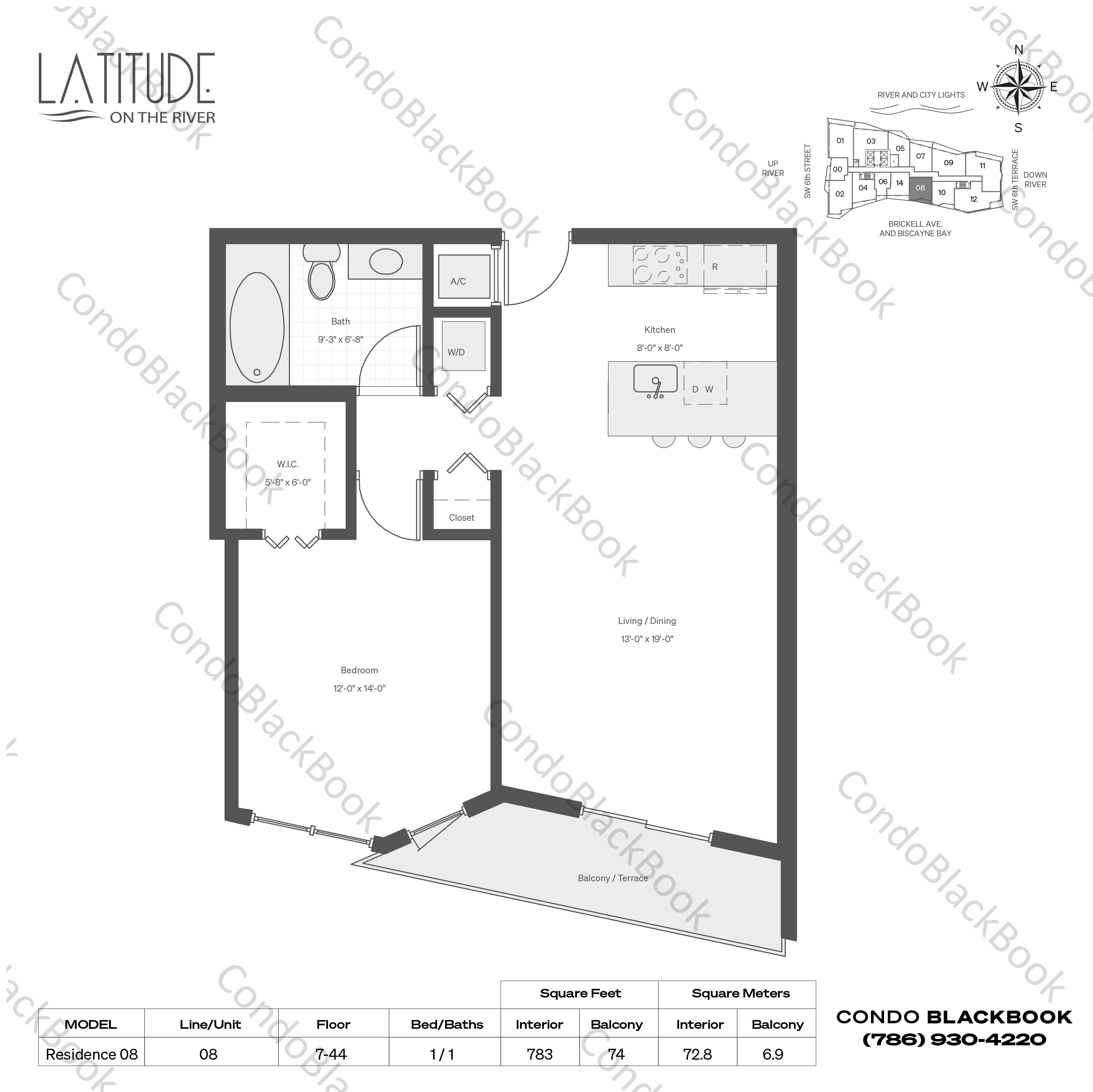 Floor plan for Latitude Brickell Miami, model Residence 08, line 08, 1 / 1 bedrooms, 783 sq ft