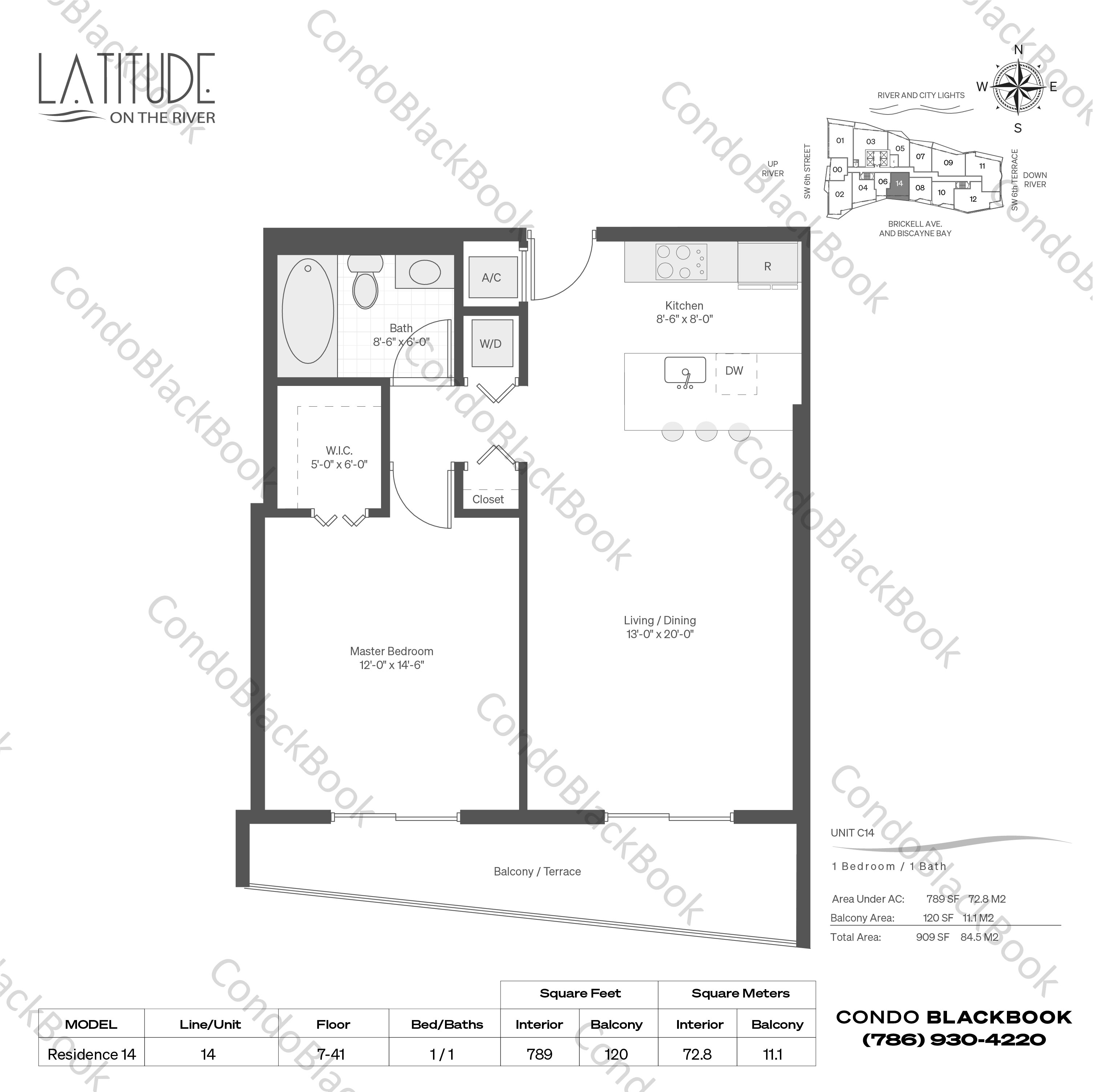 Floor plan for Latitude Brickell Miami, model Residence 14, line 14, 1 / 1 bedrooms, 789 sq ft