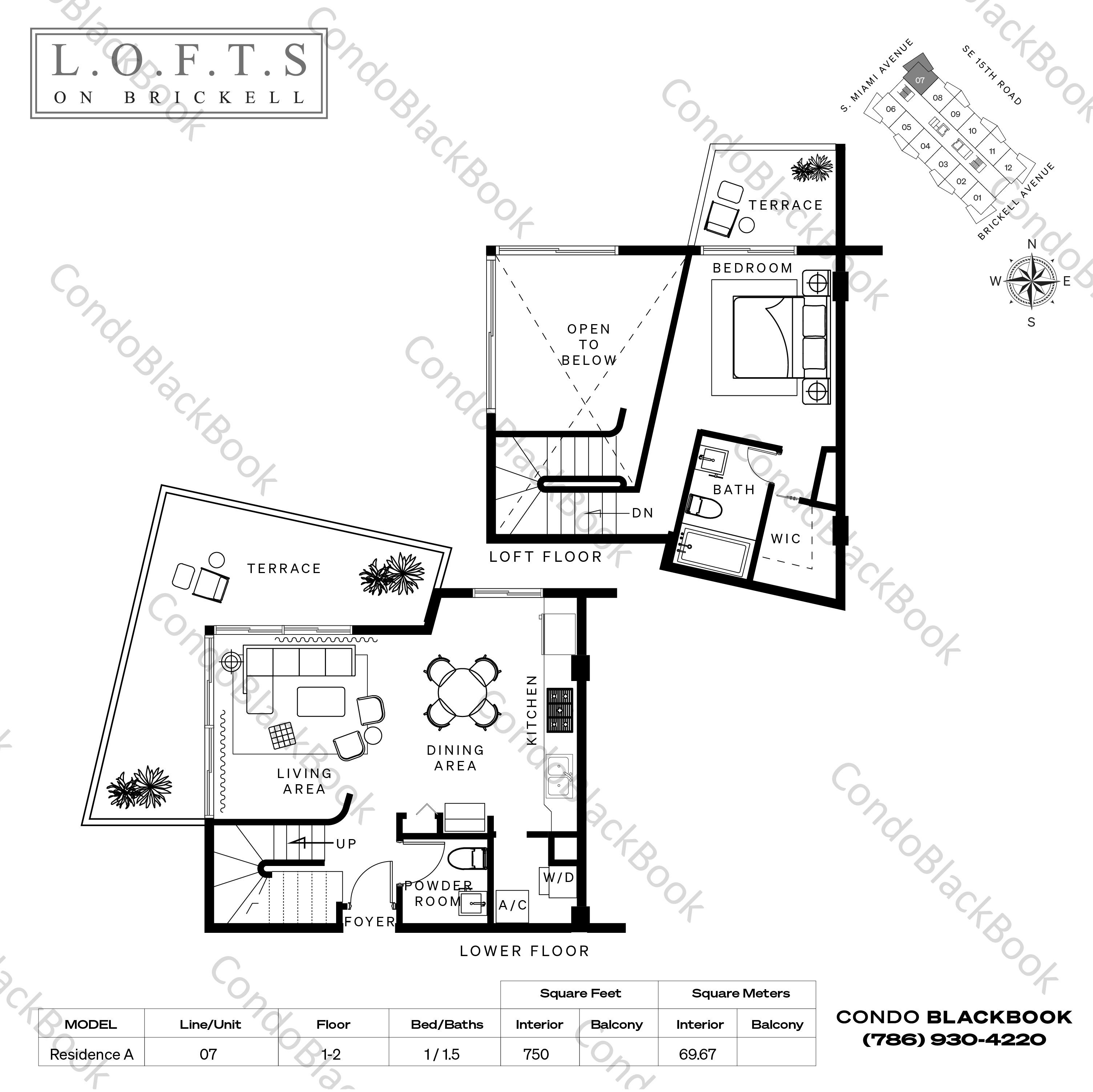 Floor plan for Lofts On Brickell Brickell Miami, model Residence A, line 07, 1 / 1.5 bedrooms, 750 sq ft