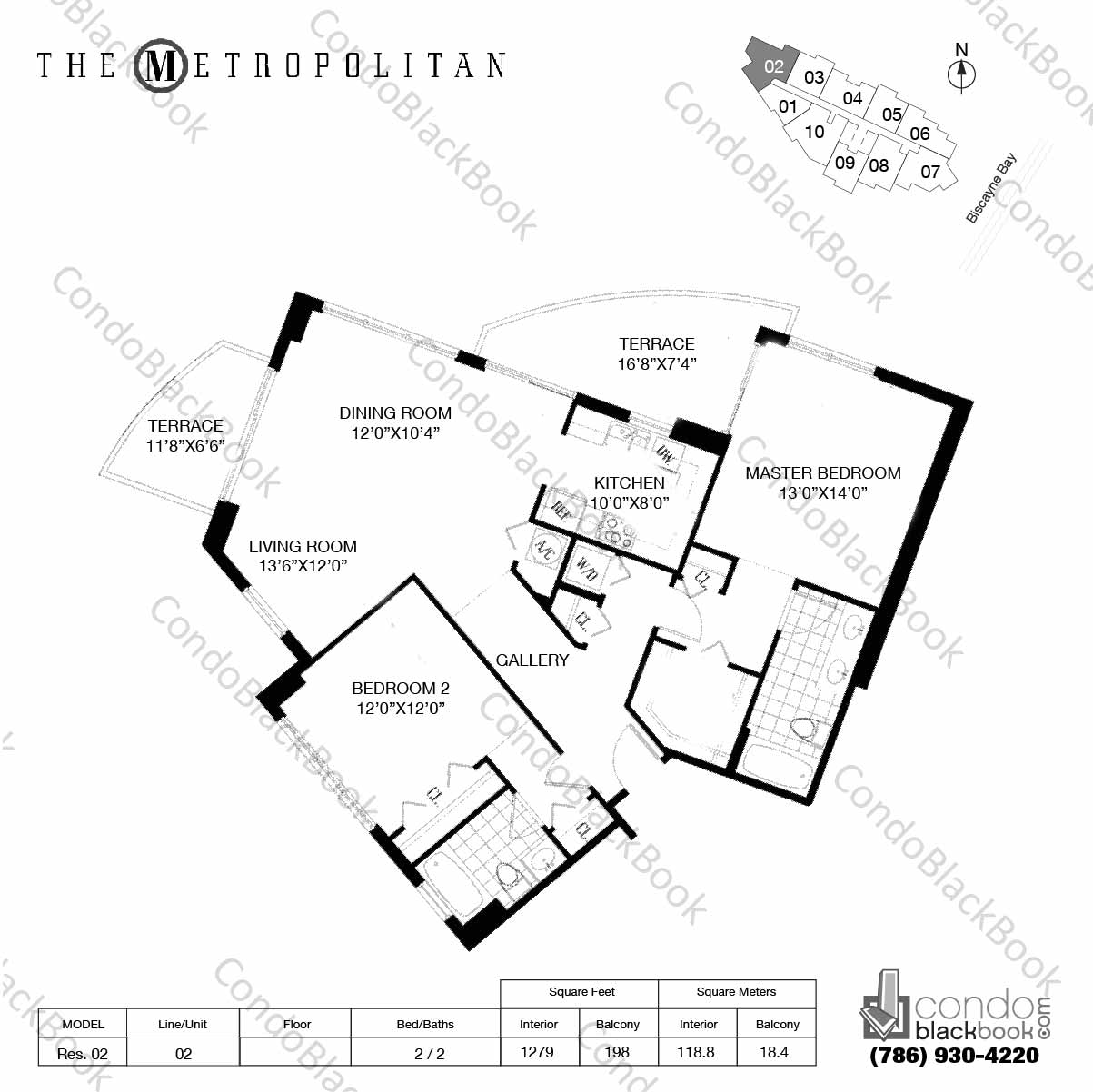 Floor plan for Metropolitan at Brickell Brickell Miami, model Res. 02, line 02, 2 / 2 bedrooms, 1279 sq ft