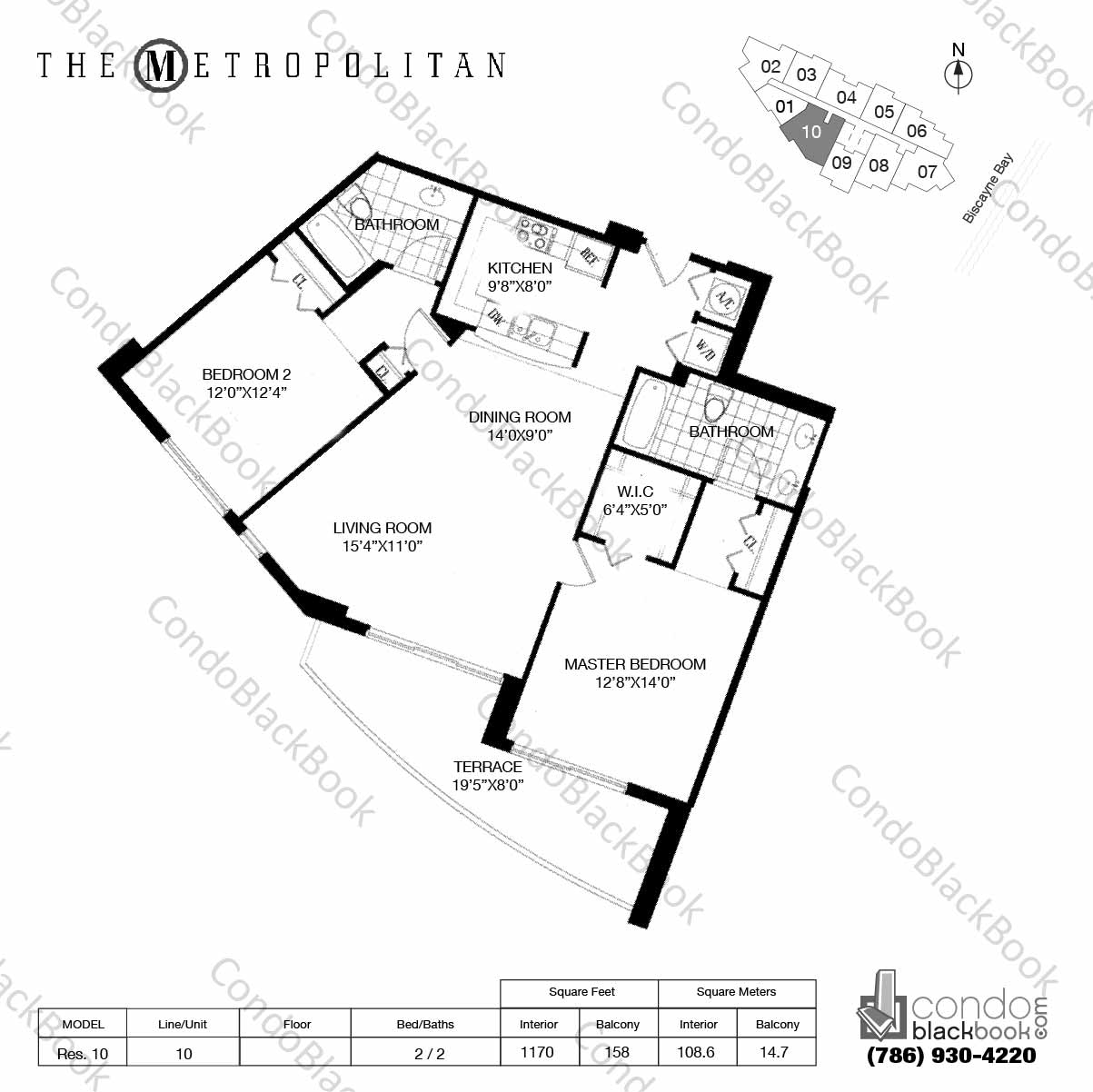 Floor plan for Metropolitan at Brickell Brickell Miami, model Res. 10, line 10, 2 / 2 bedrooms, 1170 sq ft