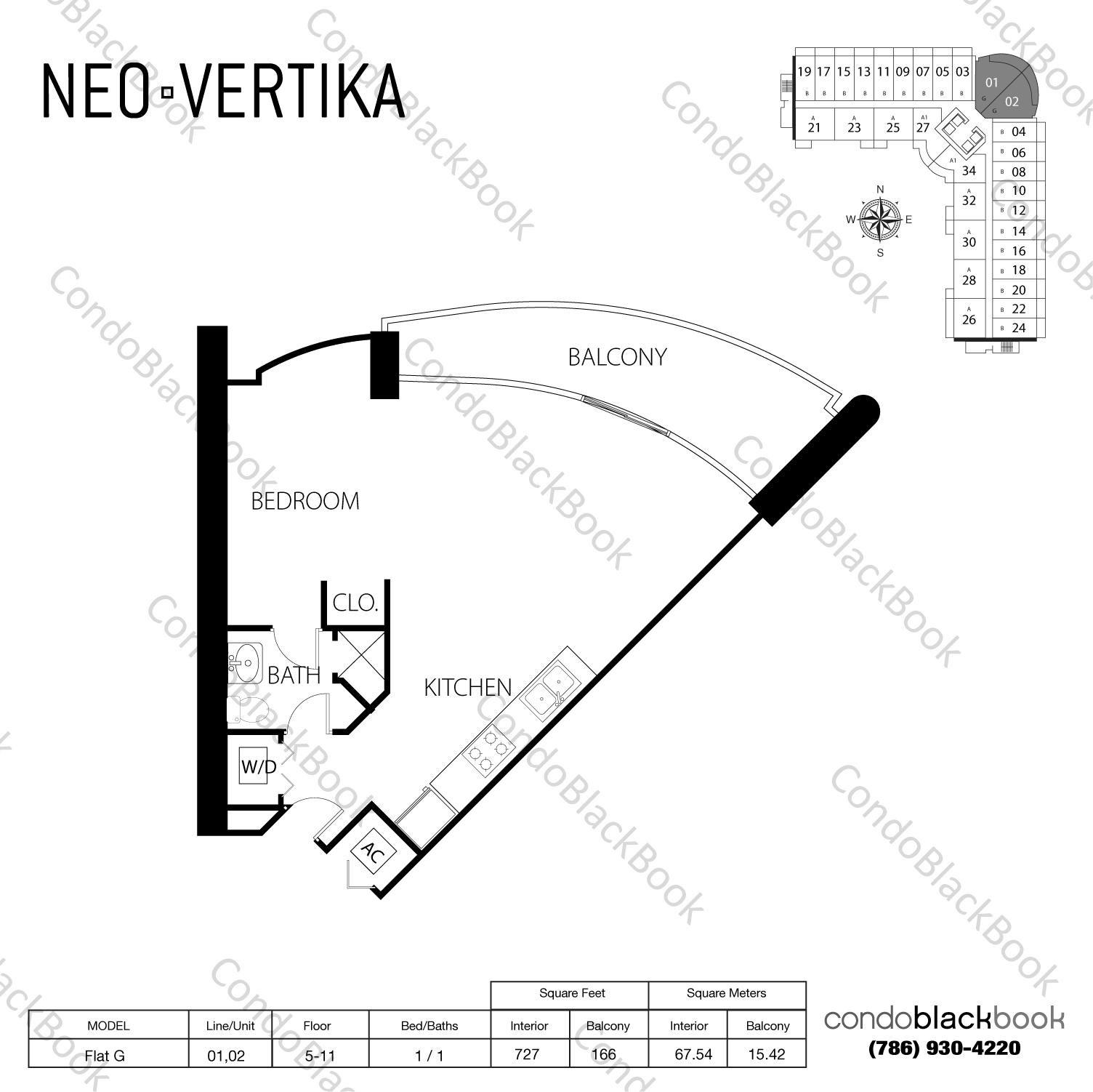 Floor plan for Neo Vertika Brickell Miami, model Flat G, line 01,02, 1 / 1 bedrooms, 727 sq ft