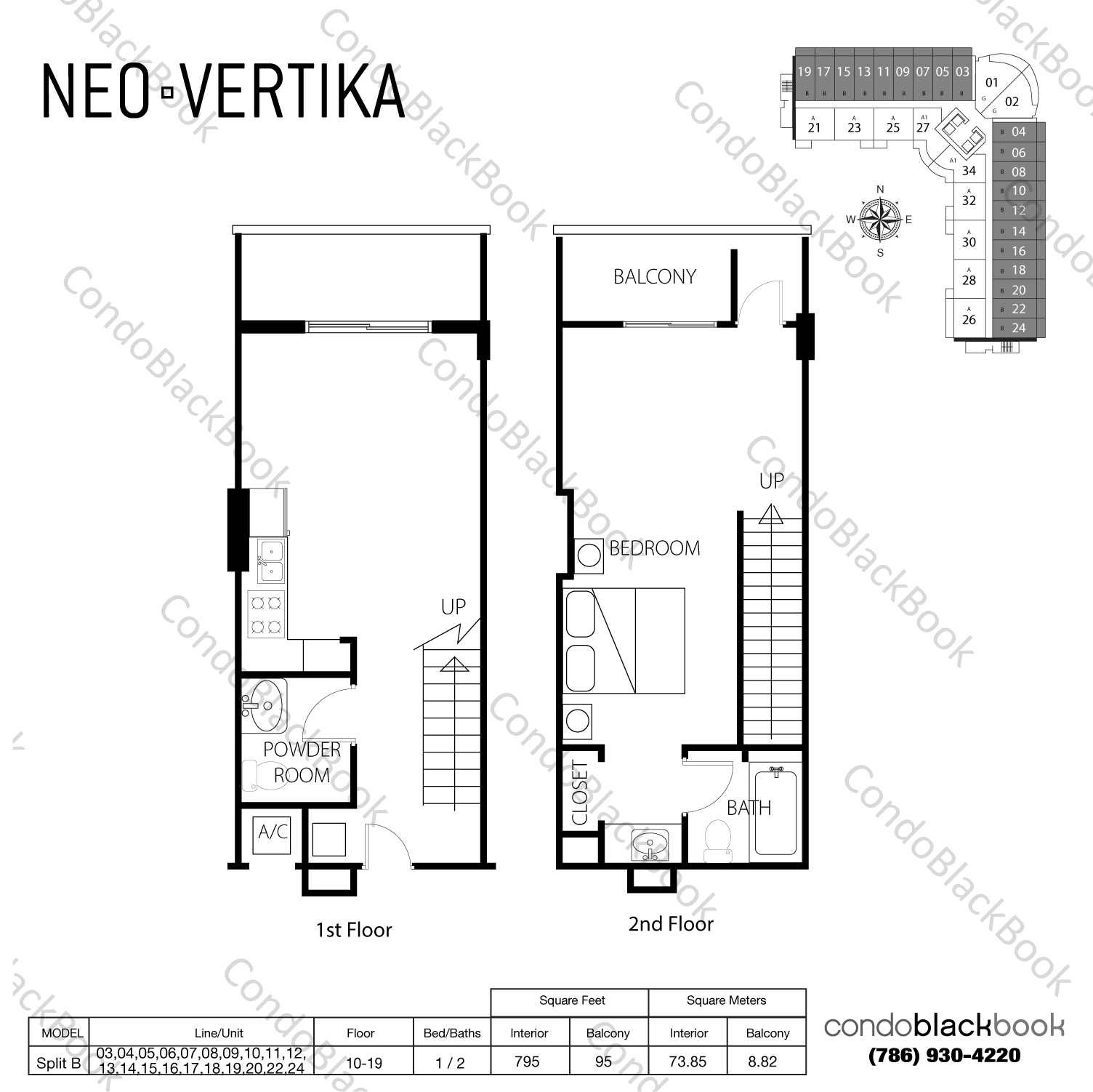 Floor plan for Neo Vertika Brickell Miami, model Split B, line 03,04,05,06,07,08,09,10,11,12, 13,14,15,16,17,18,19,20,22,24, 1 / 2 bedrooms, 795 sq ft