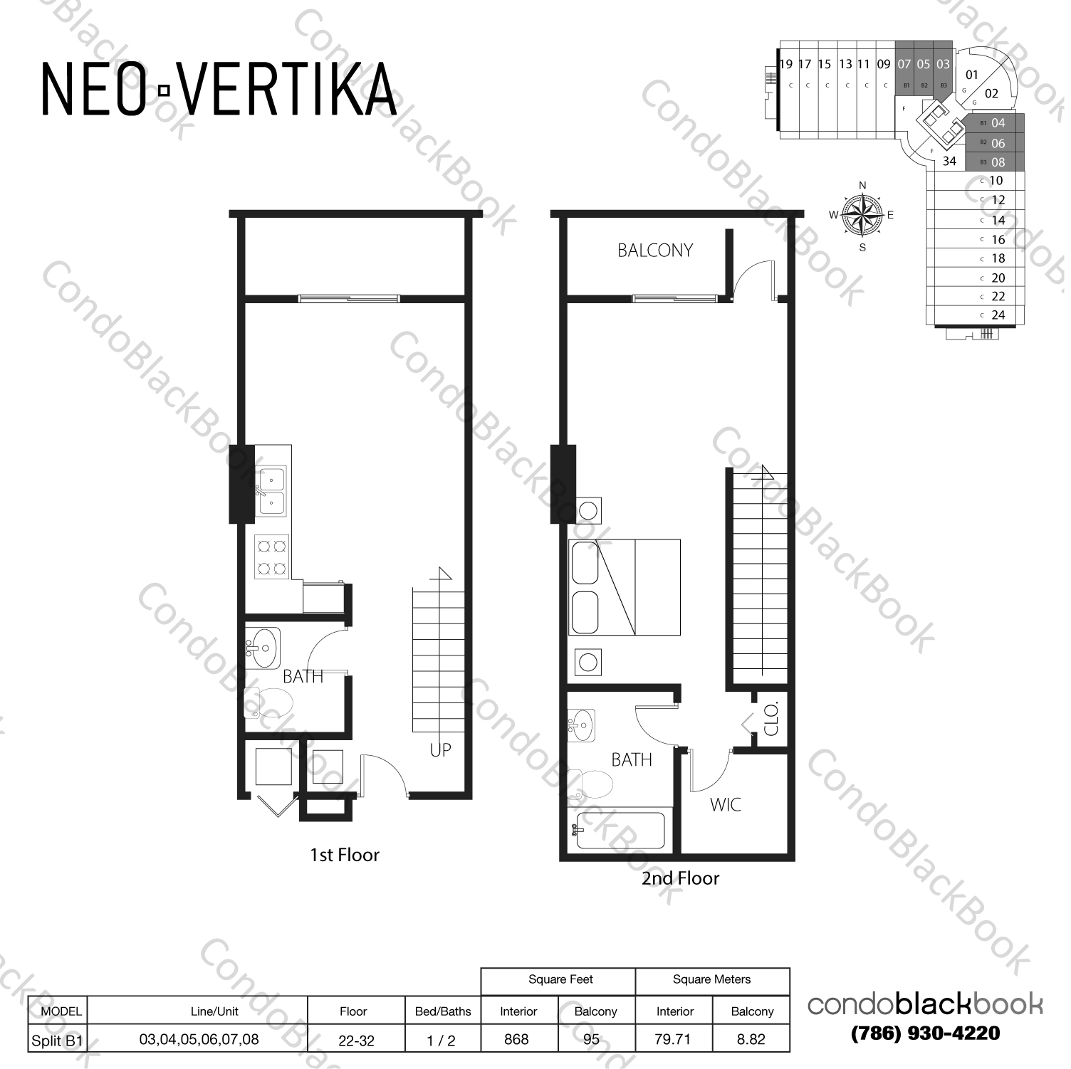 Floor plan for Neo Vertika Brickell Miami, model Split B1, line 03,04,05,06,07,08, 1 / 2 bedrooms, 868 sq ft