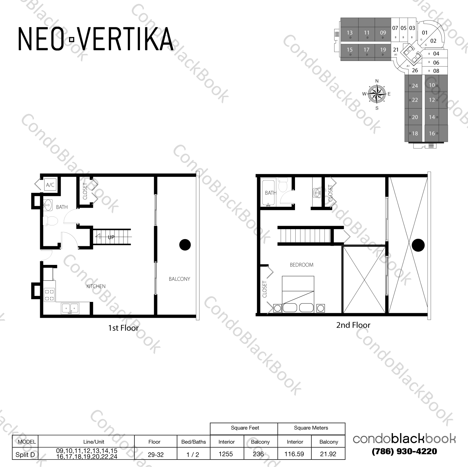 Floor plan for Neo Vertika Brickell Miami, model Split D, line 09,10,11,12,13,14,15,16,17,18,19,20,22,24, 1 / 2 bedrooms, 1255 sq ft