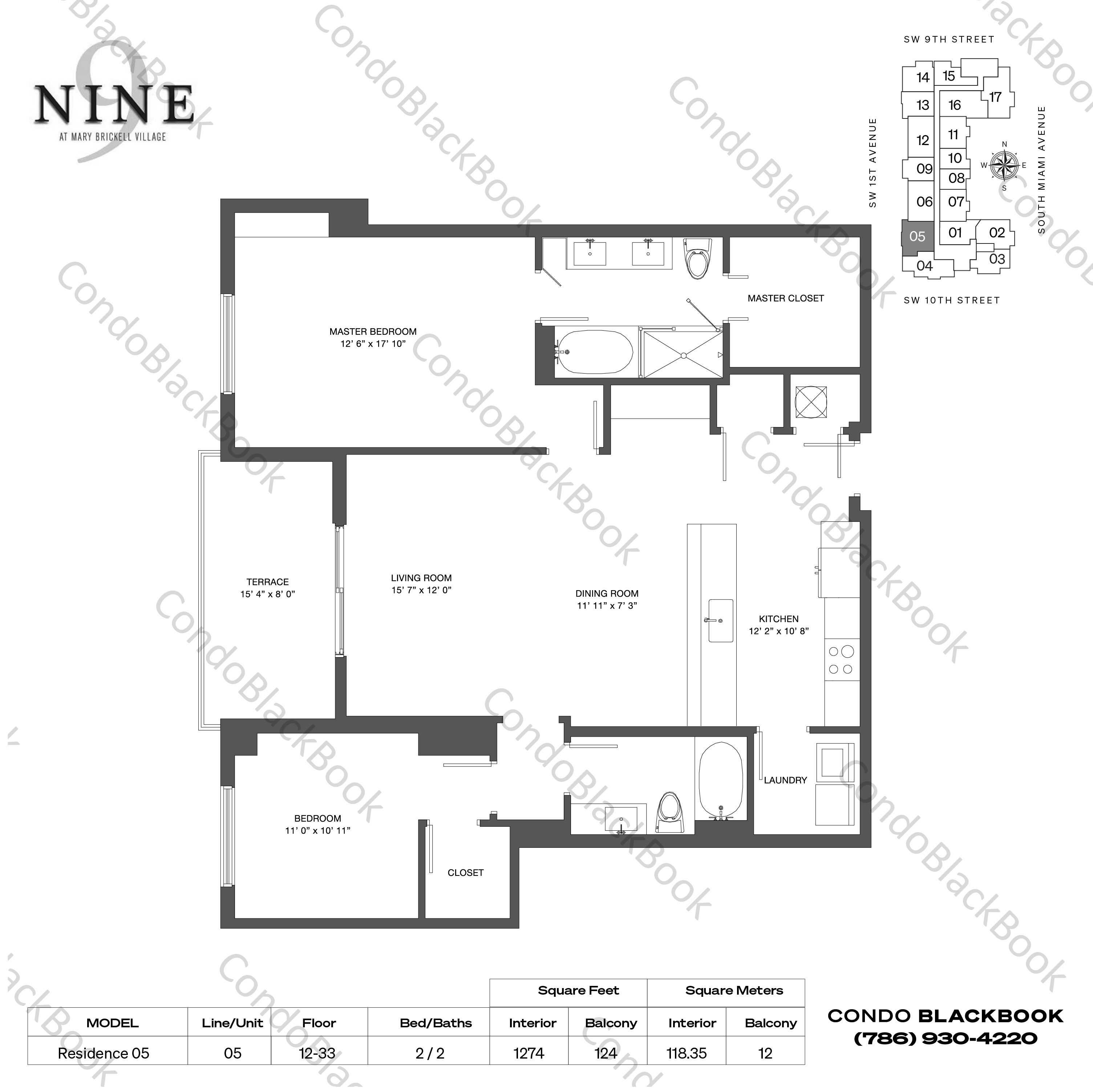 Floor plan for Nine at Mary Brickell Village Brickell Miami, model Residence 05, line 05, 2 / 2 bedrooms, 1274 sq ft