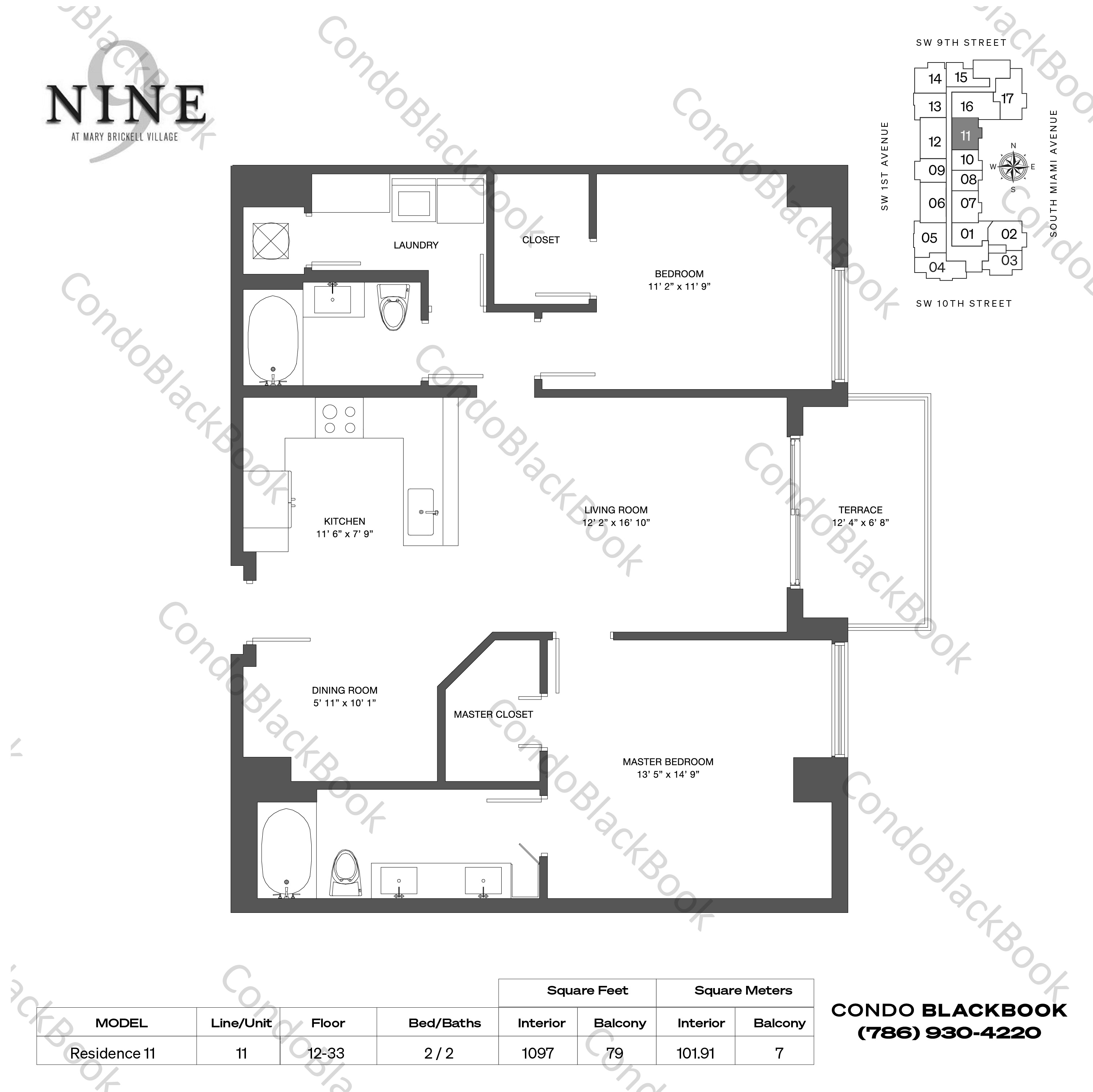 Floor plan for Nine at Mary Brickell Village Brickell Miami, model Residence 11, line 11, 2 / 2 bedrooms, 1097 sq ft