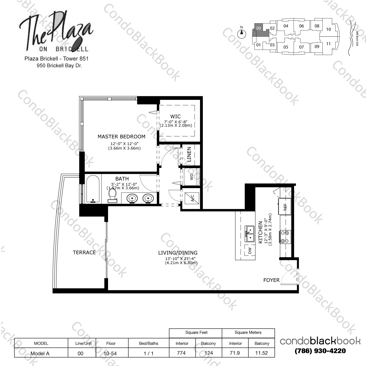 Floor plan for The Plaza on Brickell North Brickell Miami, model Model A, line 00, 1 / 1 bedrooms, 774 sq ft