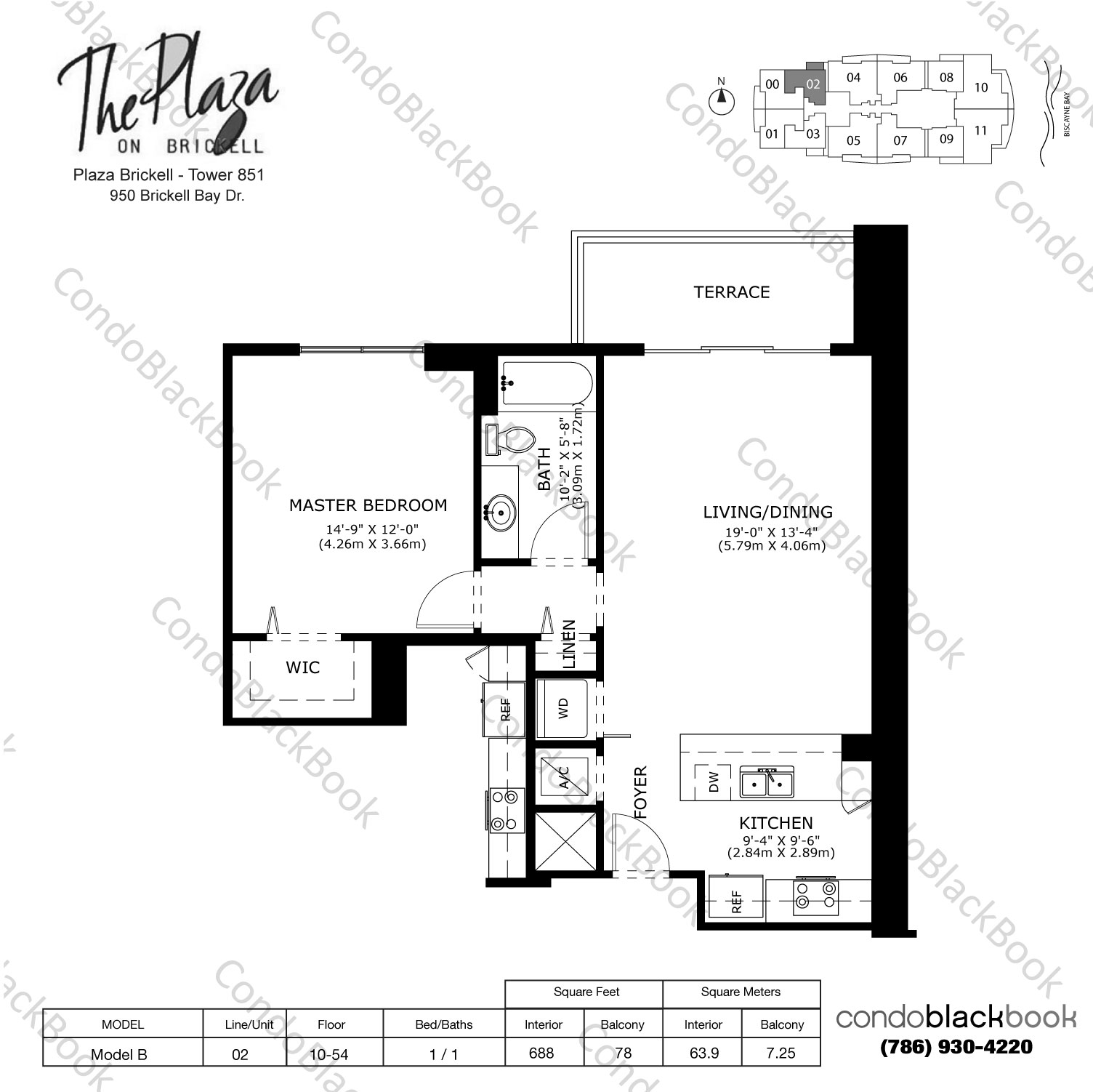 Floor plan for The Plaza on Brickell North Brickell Miami, model Model B, line 02, 1 / 1 bedrooms, 688 sq ft