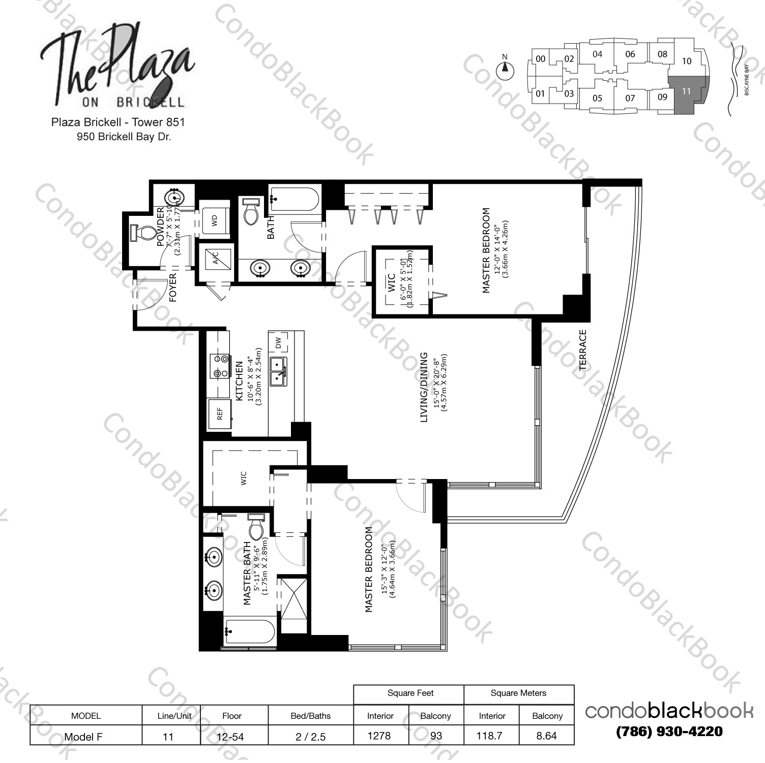 Floor plan for The Plaza on Brickell North Brickell Miami, model Model F, line 11, 2 / 2.5 bedrooms, 1278 sq ft