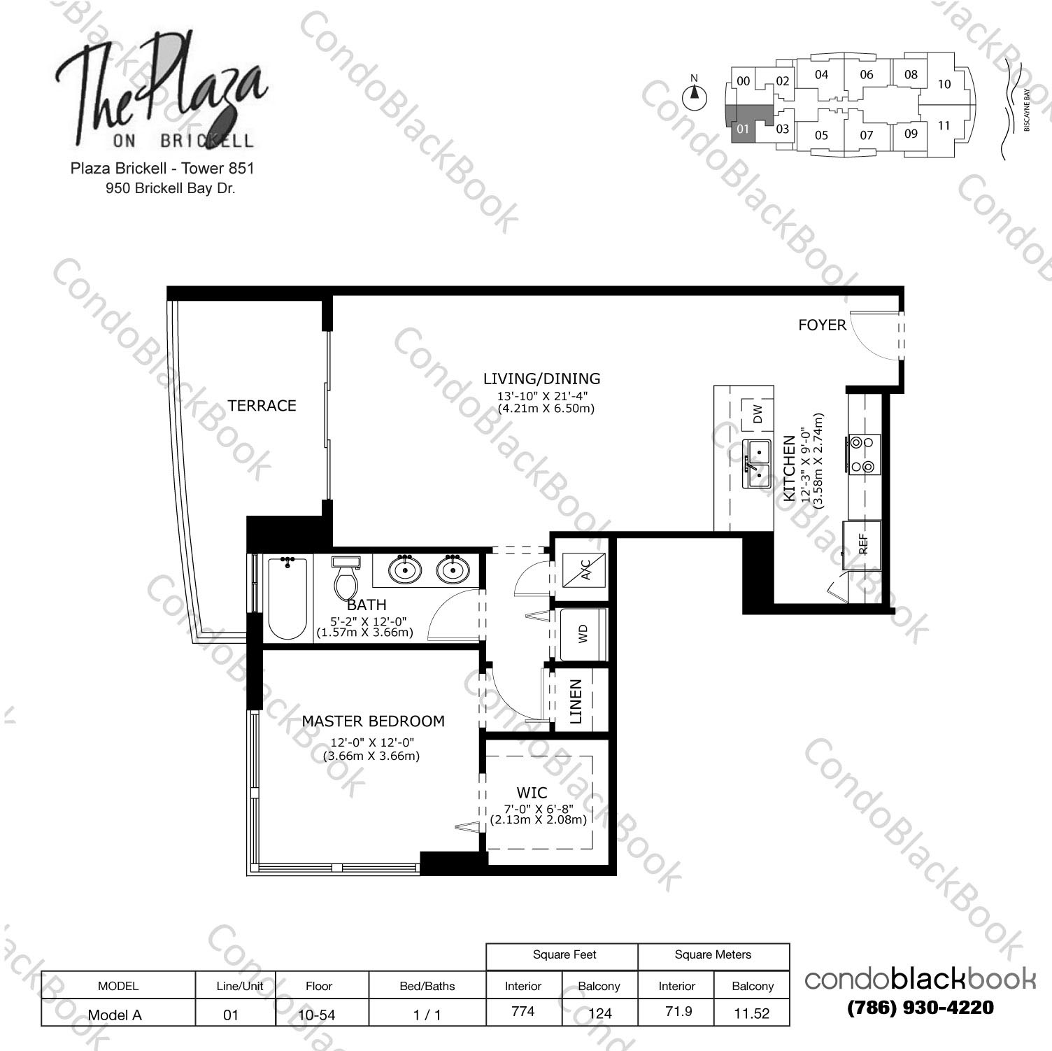 Floor plan for The Plaza on Brickell North Brickell Miami, model Model A, line 01, 1 / 1 bedrooms, 774 sq ft