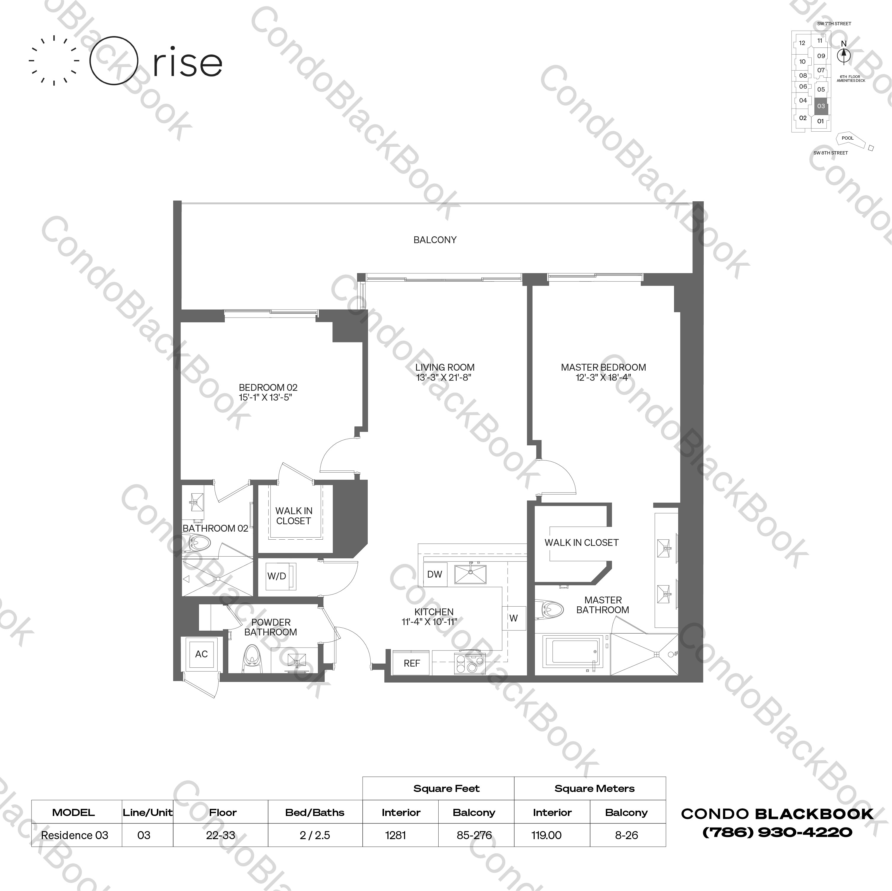 Floor plan for Rise Brickell City Centre Brickell Miami, model Residence 03, line 03, 2 / 2.5 bedrooms, 1281 sq ft