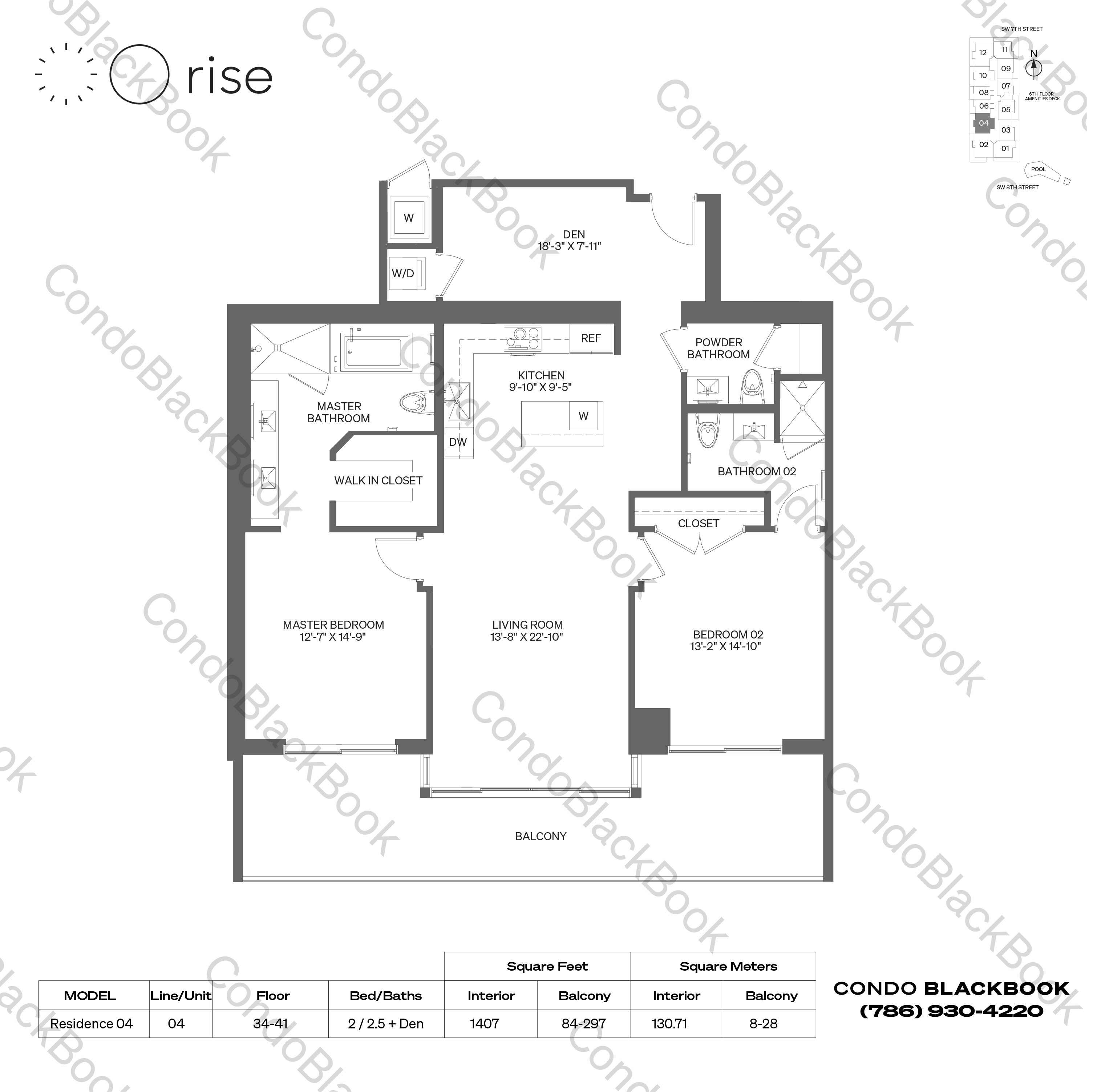 Floor plan for Rise Brickell City Centre Brickell Miami, model Residence 04, line 04, 2 / 2.5 + Den bedrooms, 1407 sq ft