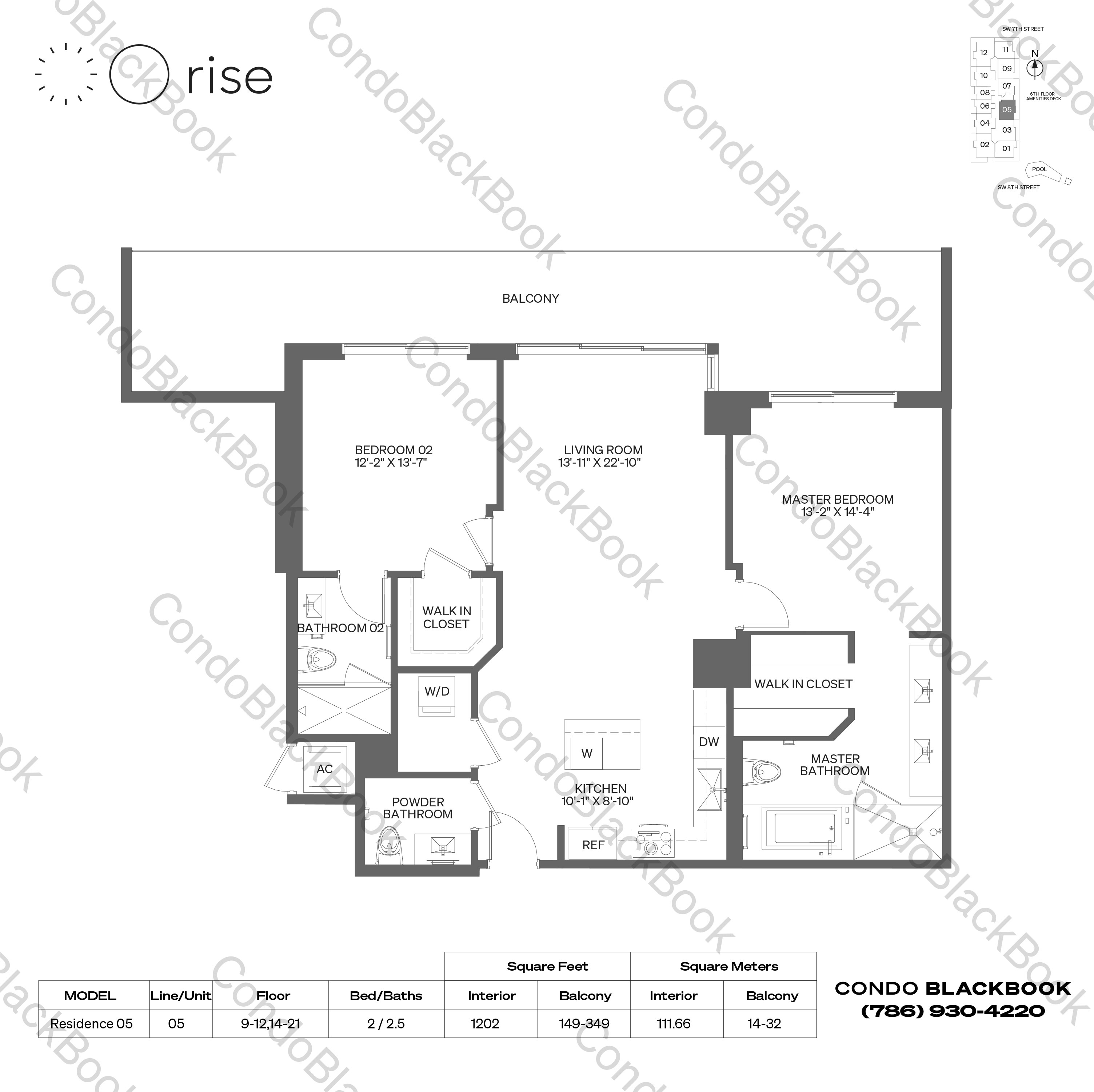Floor plan for Rise Brickell City Centre Brickell Miami, model Residence 05, line 05, 2 / 2.5 bedrooms, 1202 sq ft
