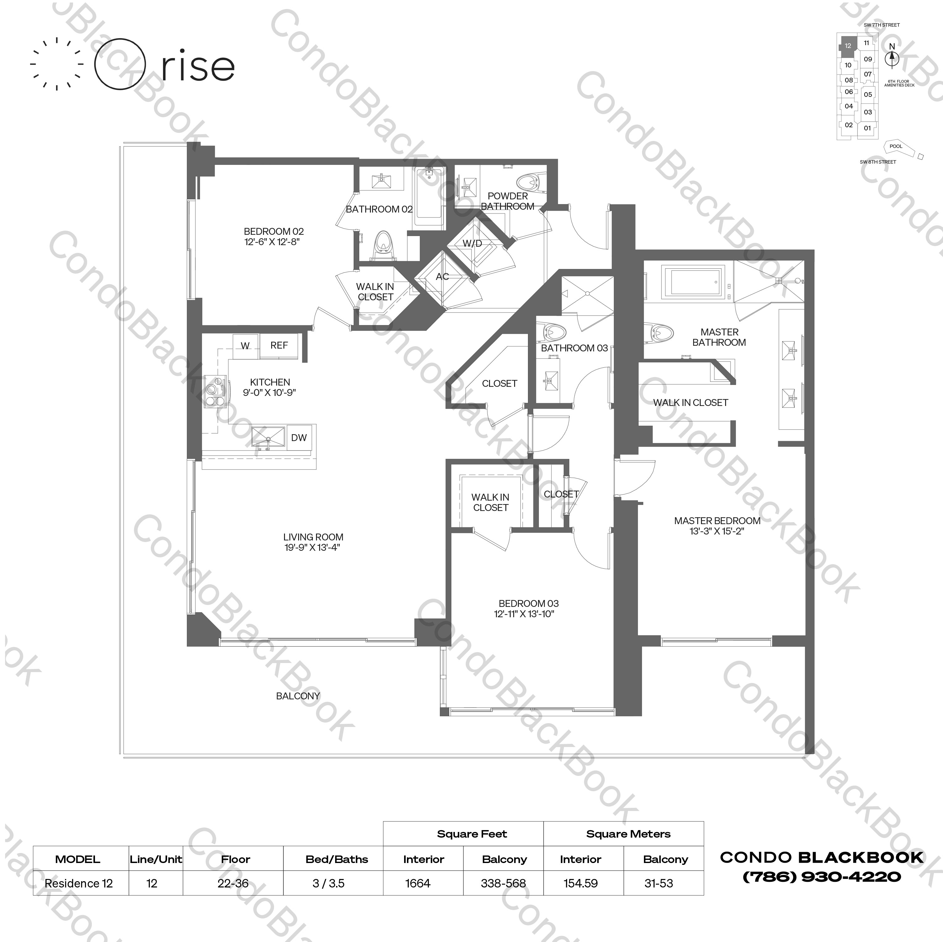 Floor plan for Rise Brickell City Centre Brickell Miami, model Residence 12, line 12, 3 / 3.5 bedrooms, 1664 sq ft