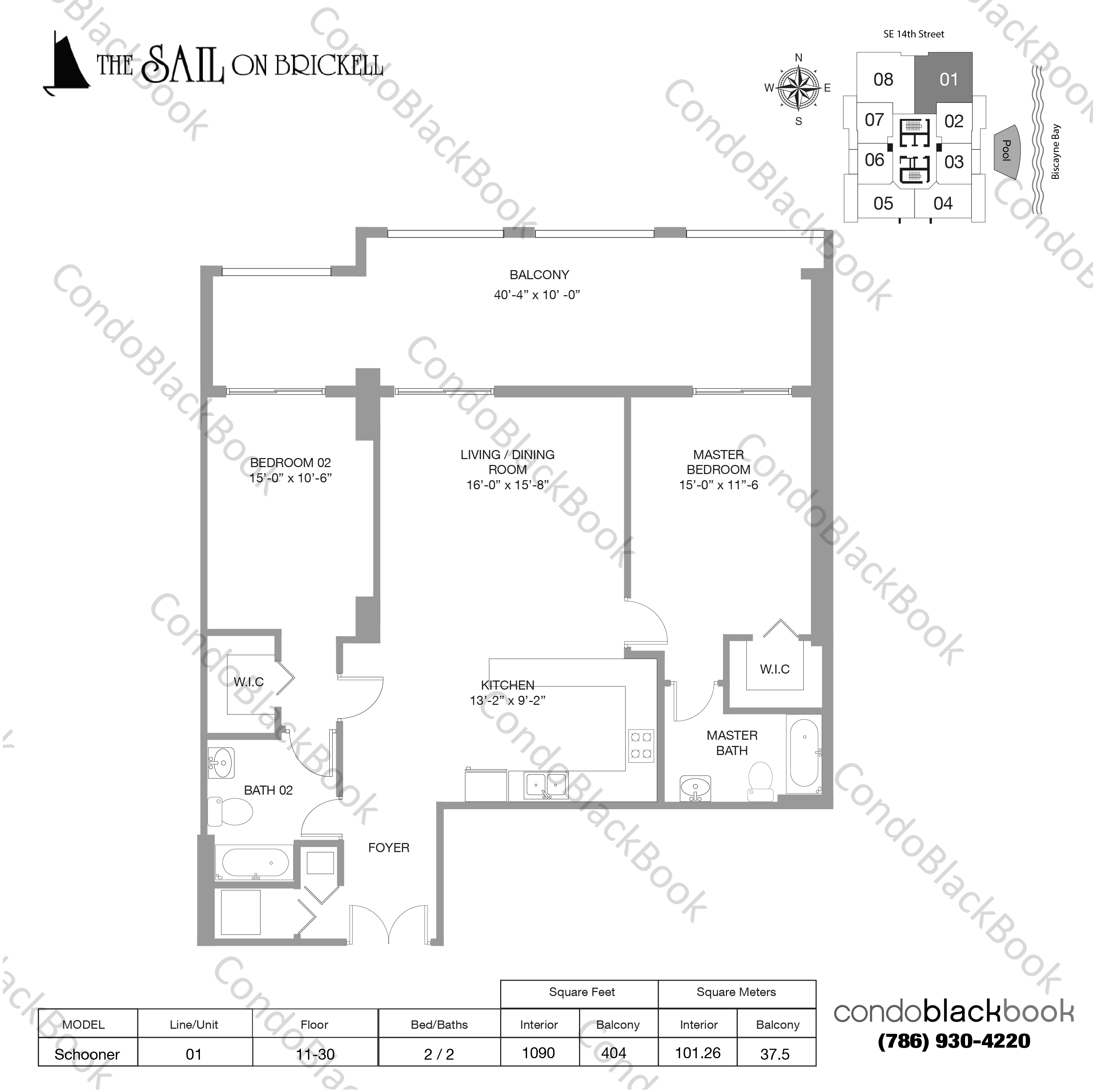 Floor plan for Sail on Brickell Brickell Miami, model Schooner, line 01, 2 / 2 bedrooms, 1090 sq ft