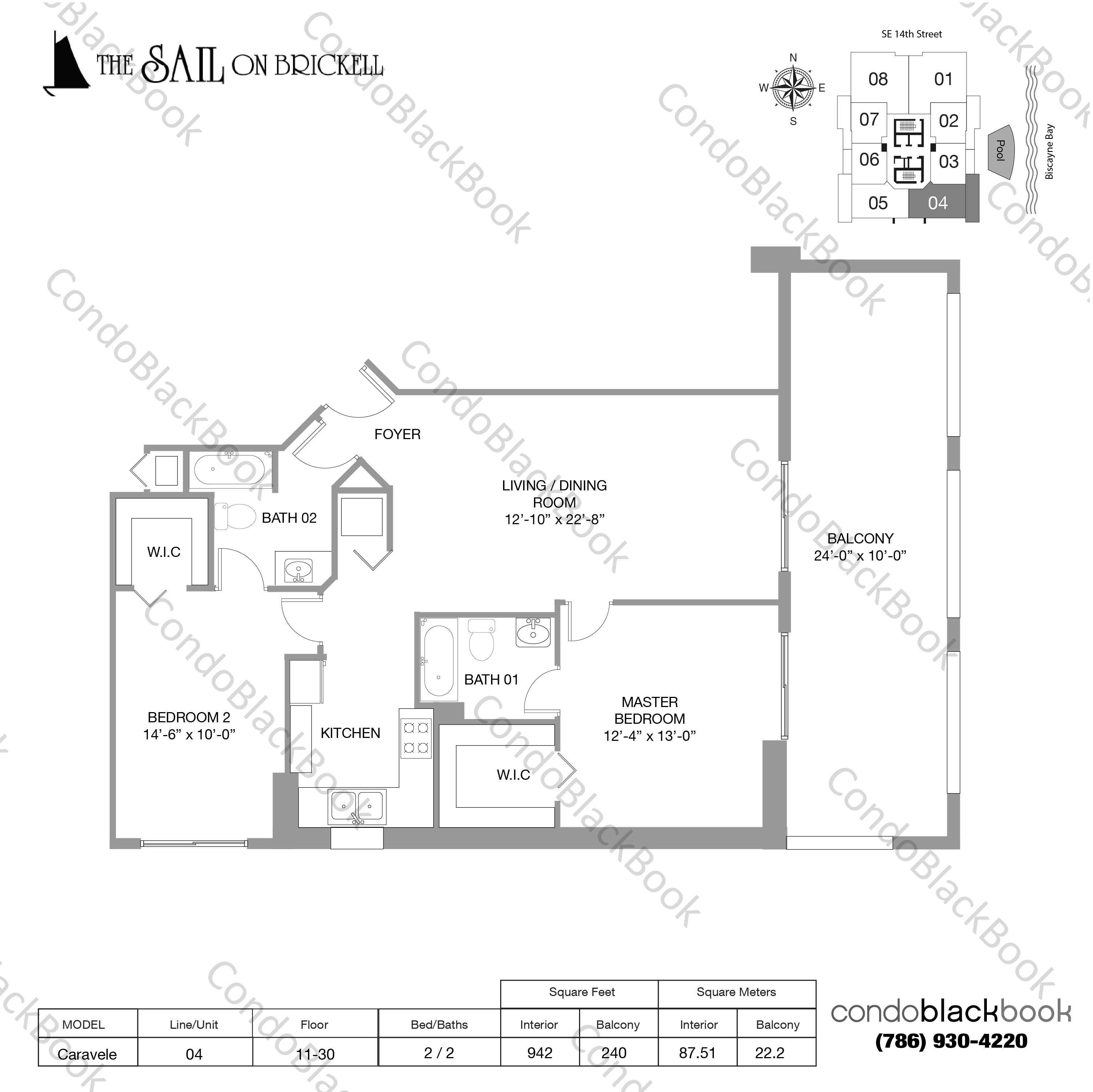 Floor plan for Sail on Brickell Brickell Miami, model Caravele, line 04, 2 / 2 bedrooms, 942 sq ft